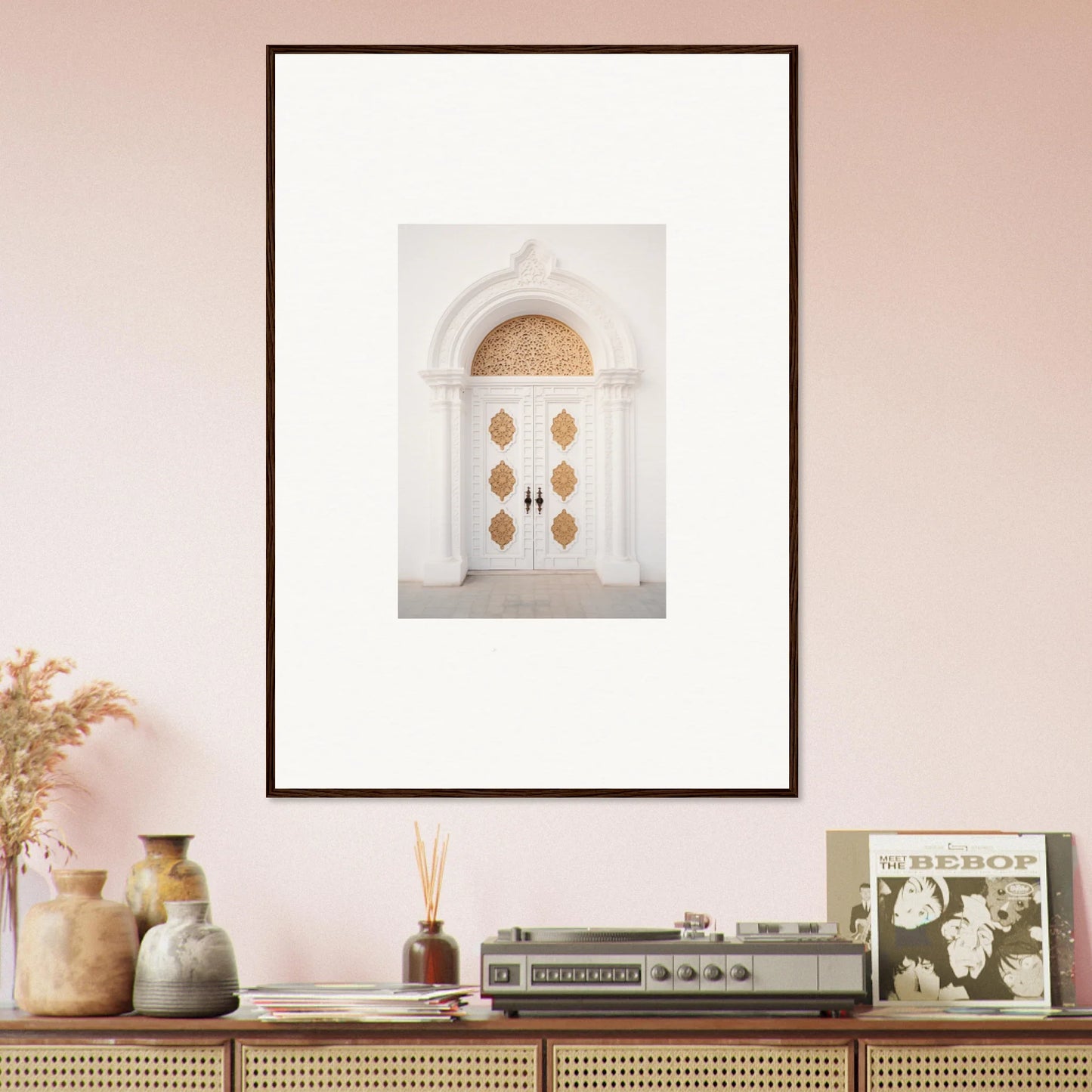 Framed wall art featuring Gilded Mirage Passage with elegant gold medallion details