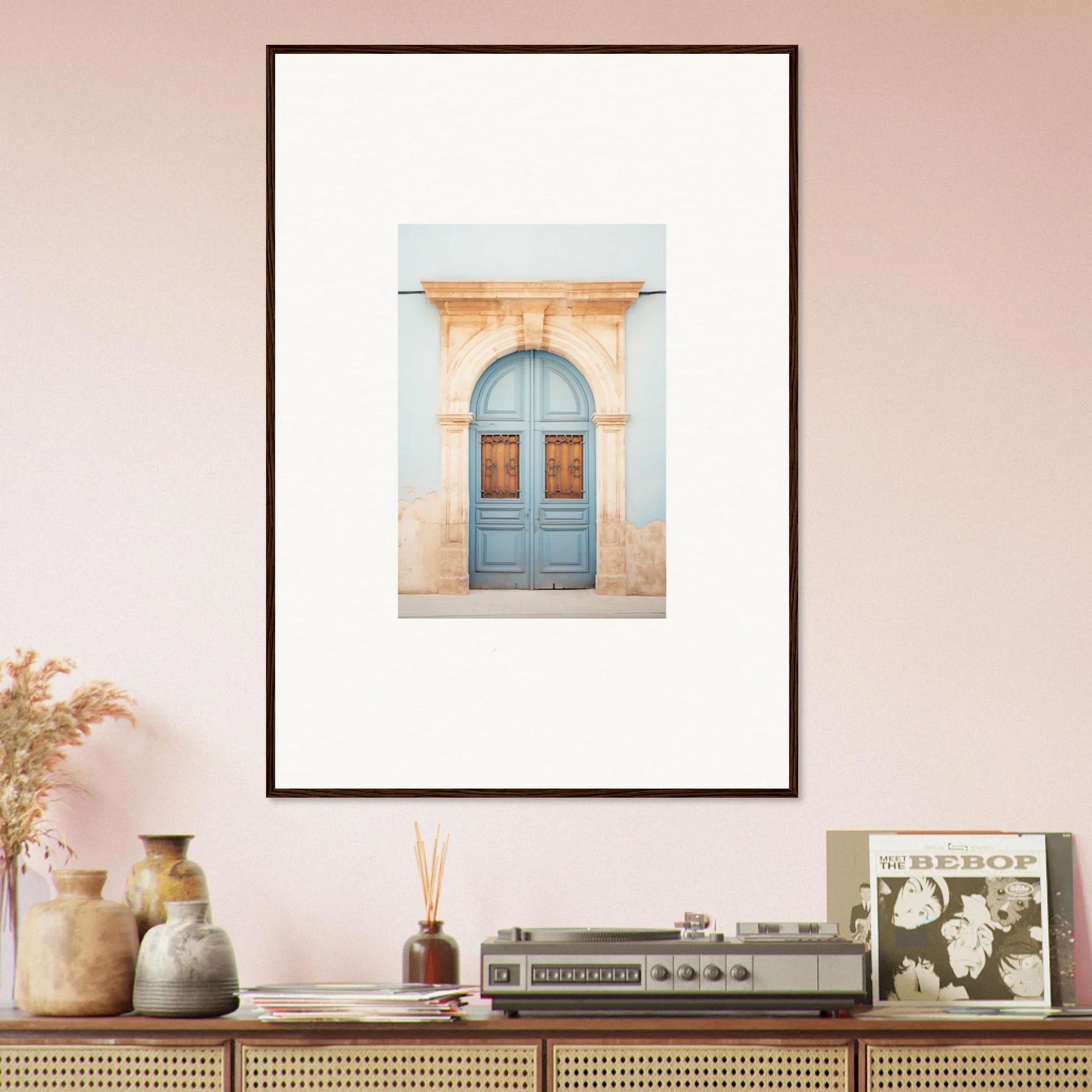 Framed photograph of a pale blue vintage door for our Threshold of Echoes special edition art™