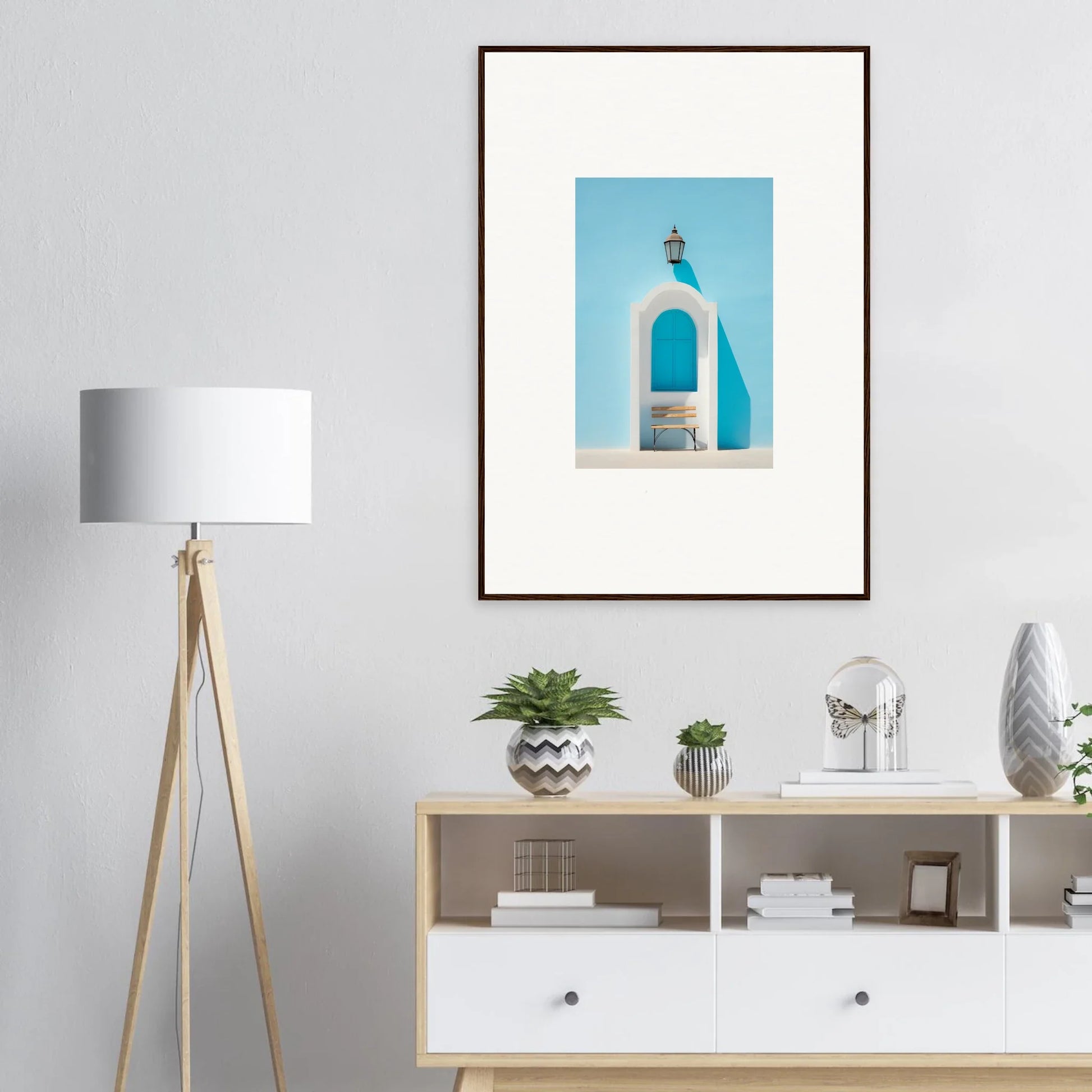 Framed wall art of a white Mediterranean bell tower for an Ethereal Mediterranean Pause