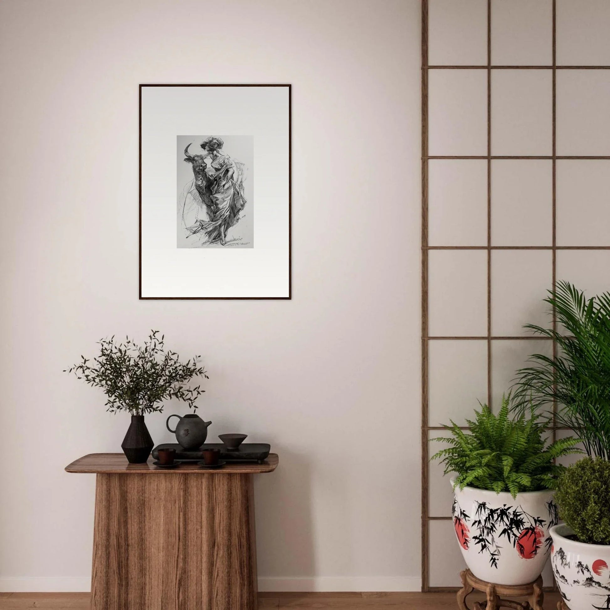 Framed wall art of Ebullient Abstract Liaisons sketch mounted on a light wall