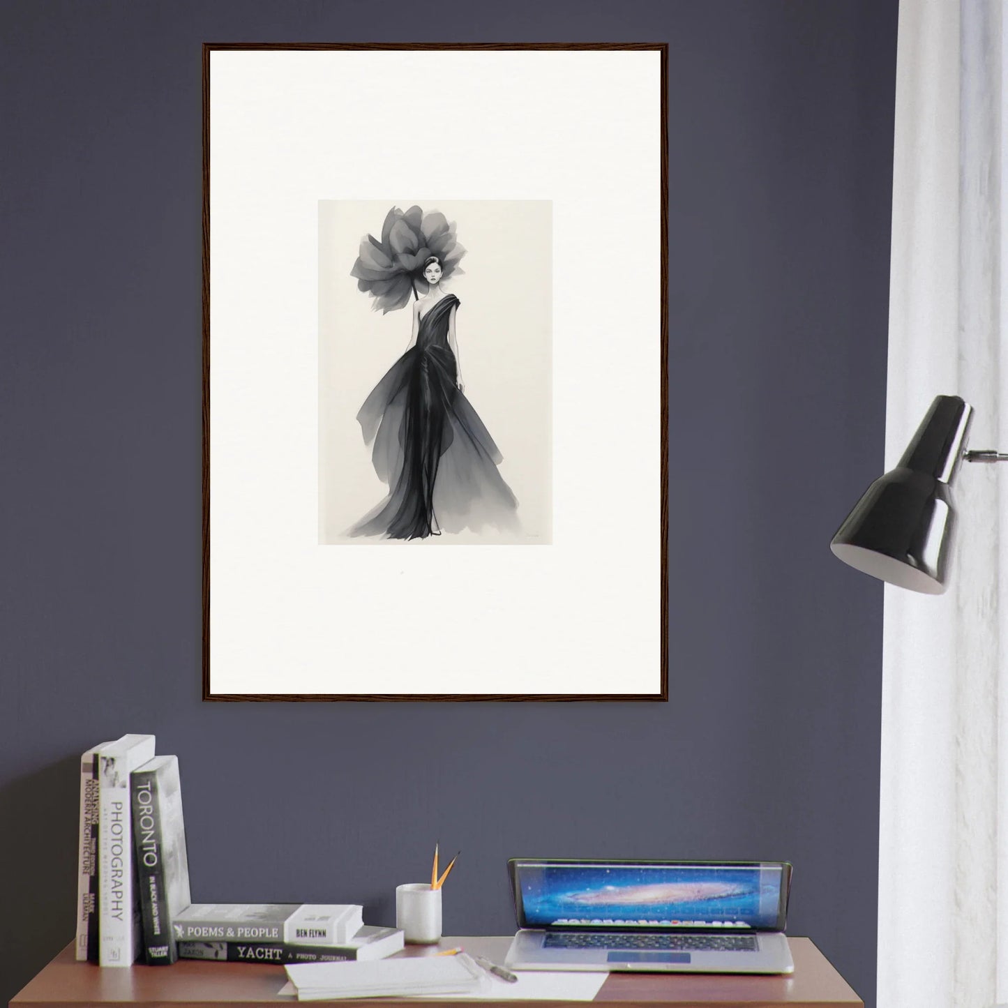 Black and white artistic print of Curtain Bloom Dance in a premium framed wall display