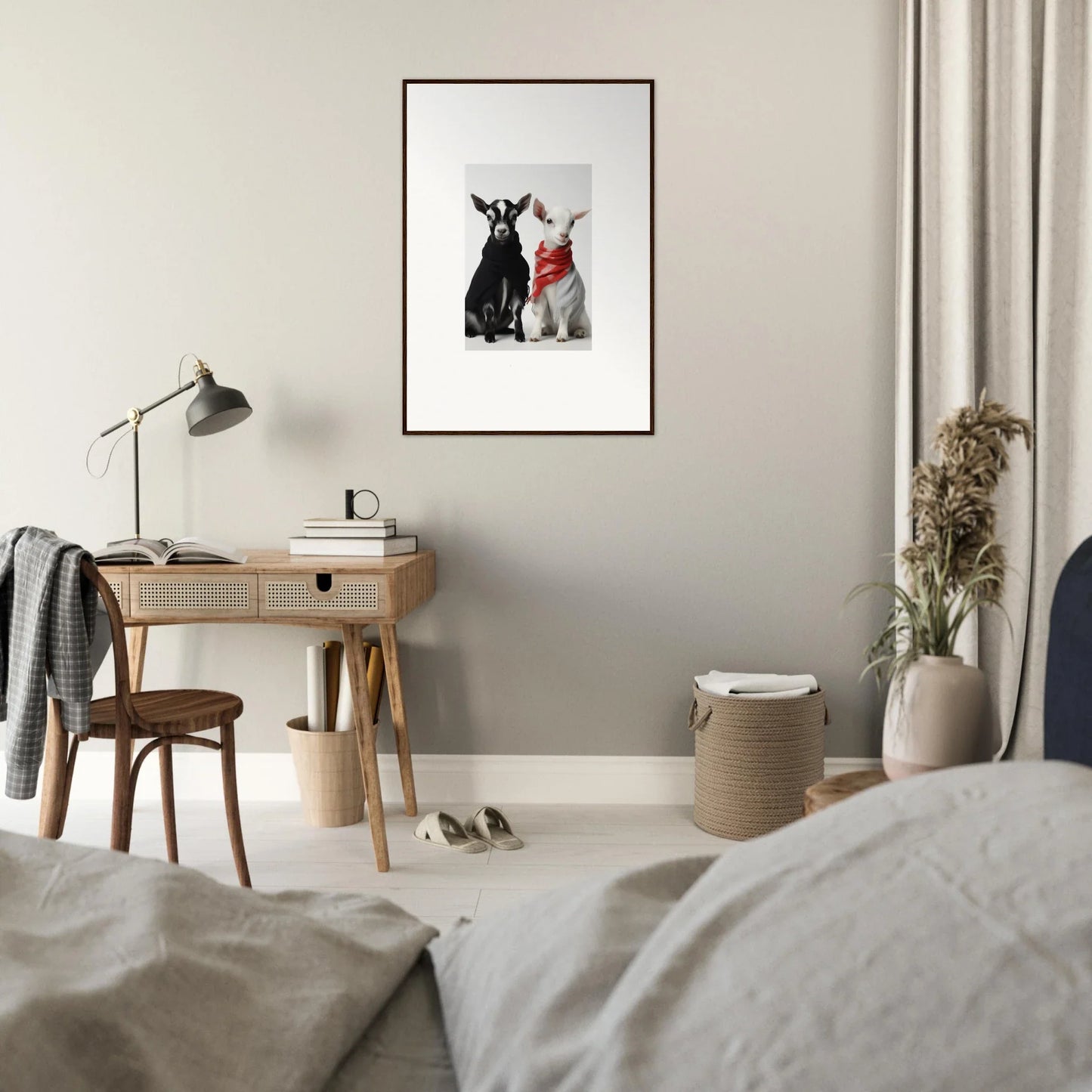 Framed wall art of black and white dogs in red accessories, Rainbow Twin Dreams special edition