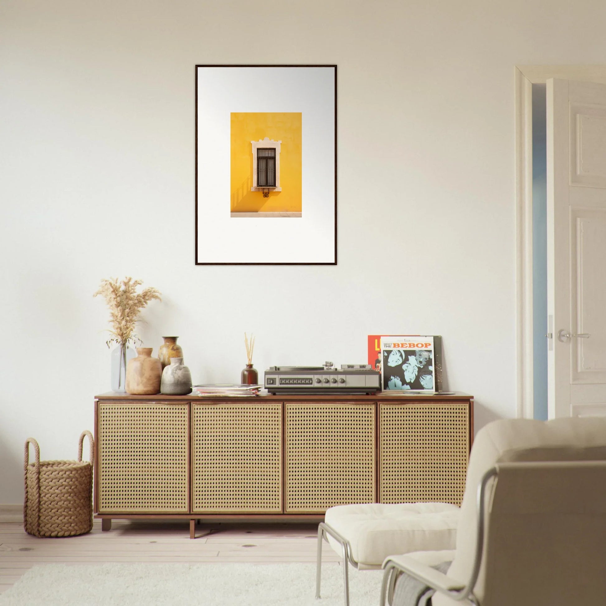 Rattan-fronted wooden credenza in Window’s Giallo Reverie special edition art™ design