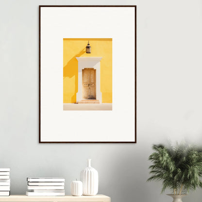 Framed wall art of a wooden door on a yellow wall, part of Golden Hue Portal collection