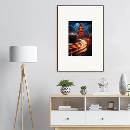 Framed photo of light trails around a red pagoda at night for Hyperloop Dreams Extravaganza