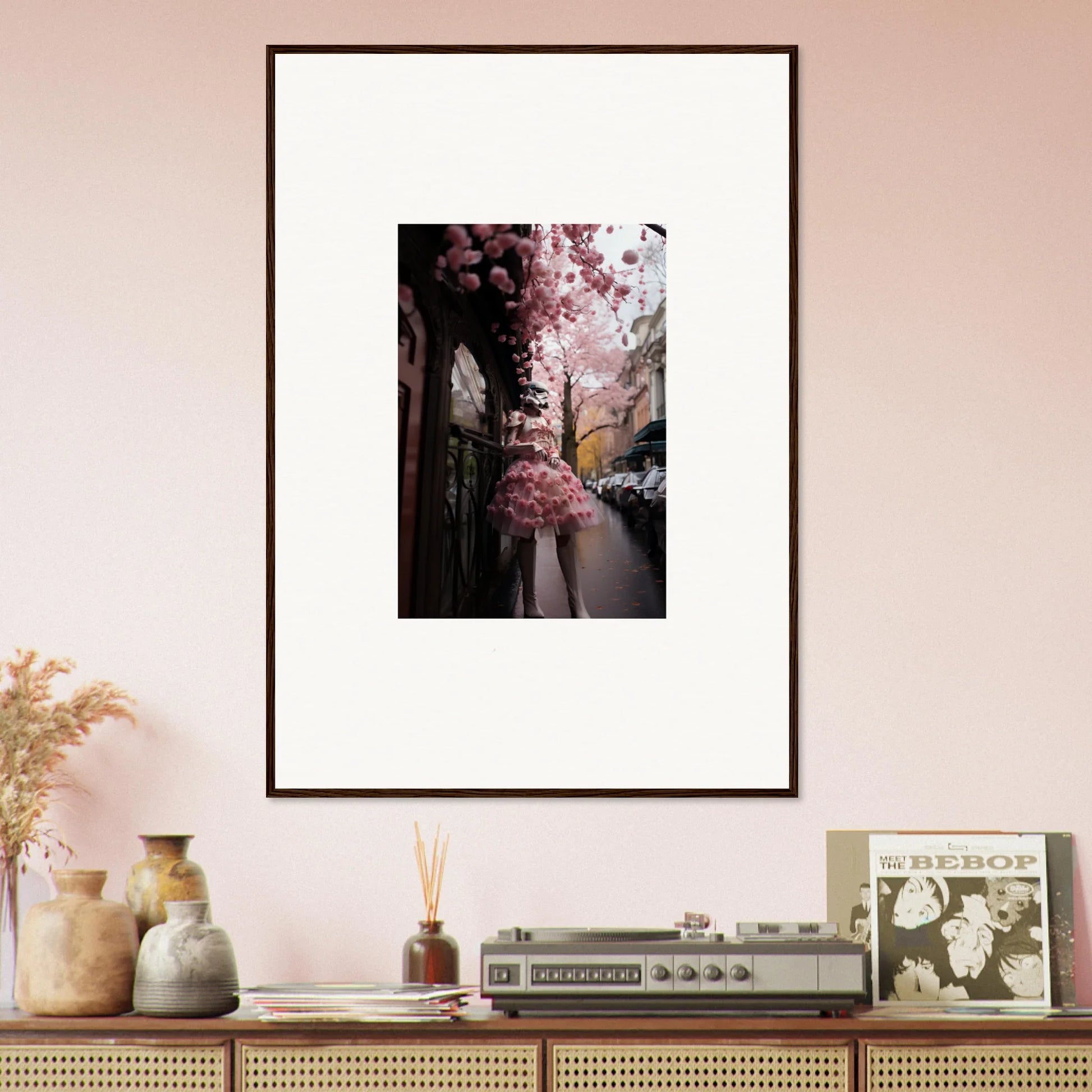 Framed wall art of a person with a pink umbrella under cherry blossoms, Petal Eccentricity Revealed