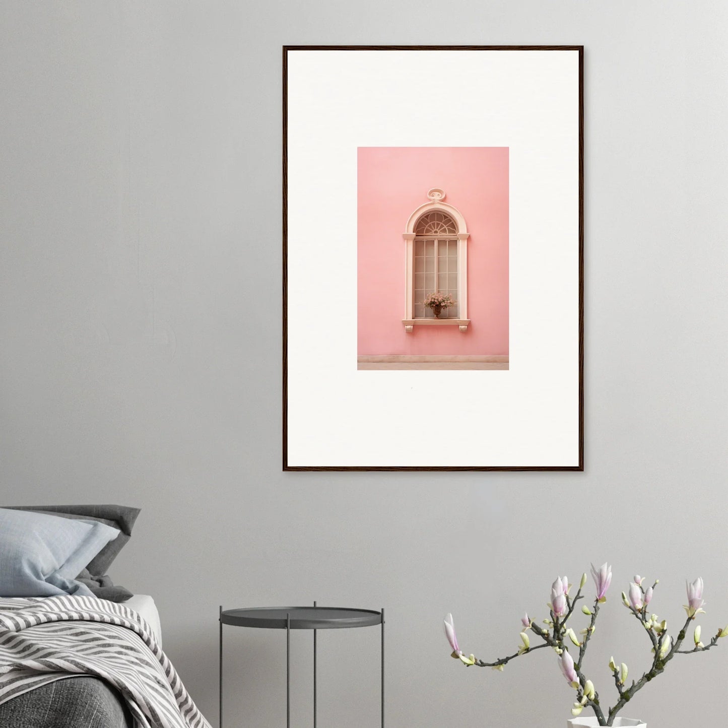 Framed wall art of Pinky Flora Portal with ornate window alcove on pink wall