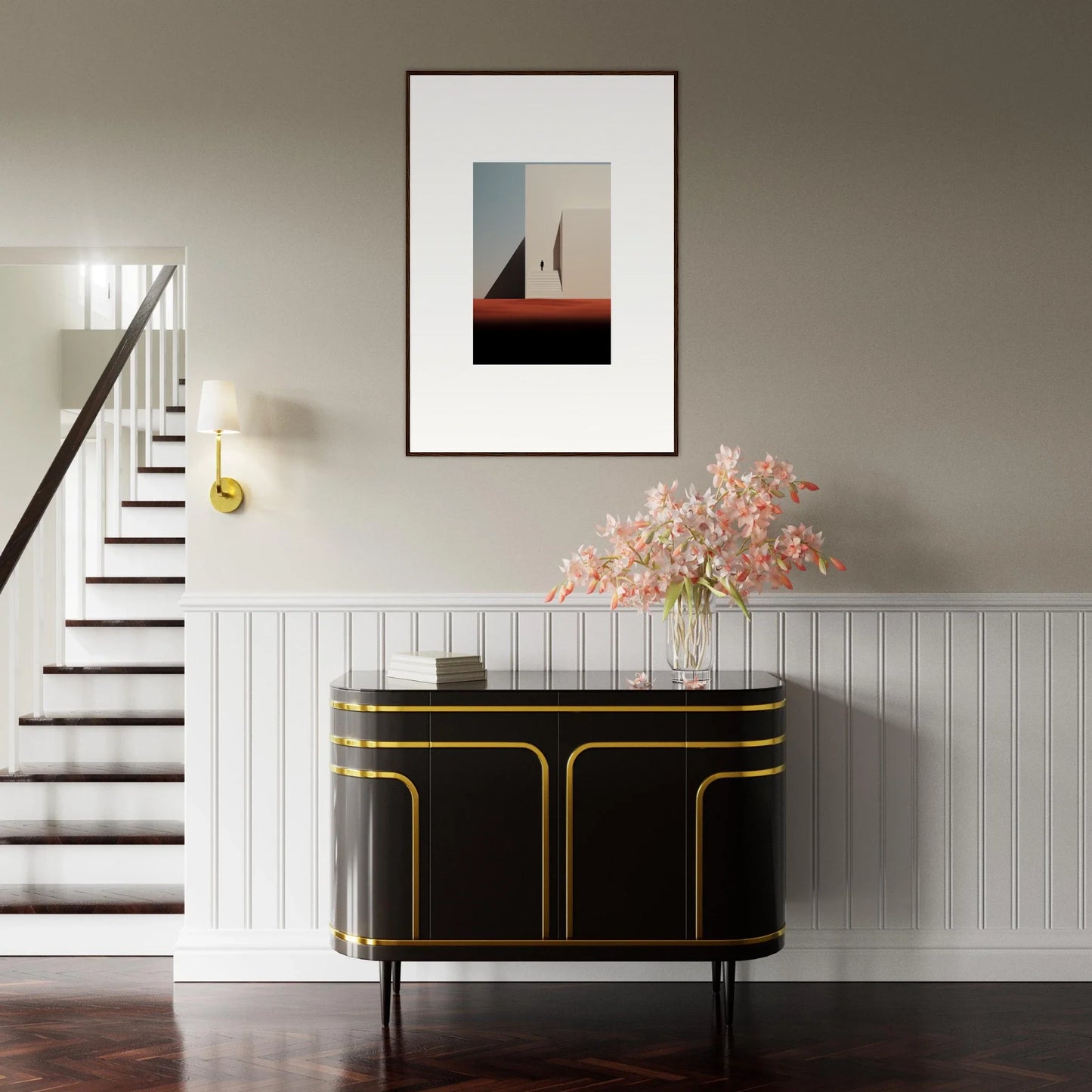 Art Deco black cabinet with gold trim showcasing Sombra Espérante architecture design