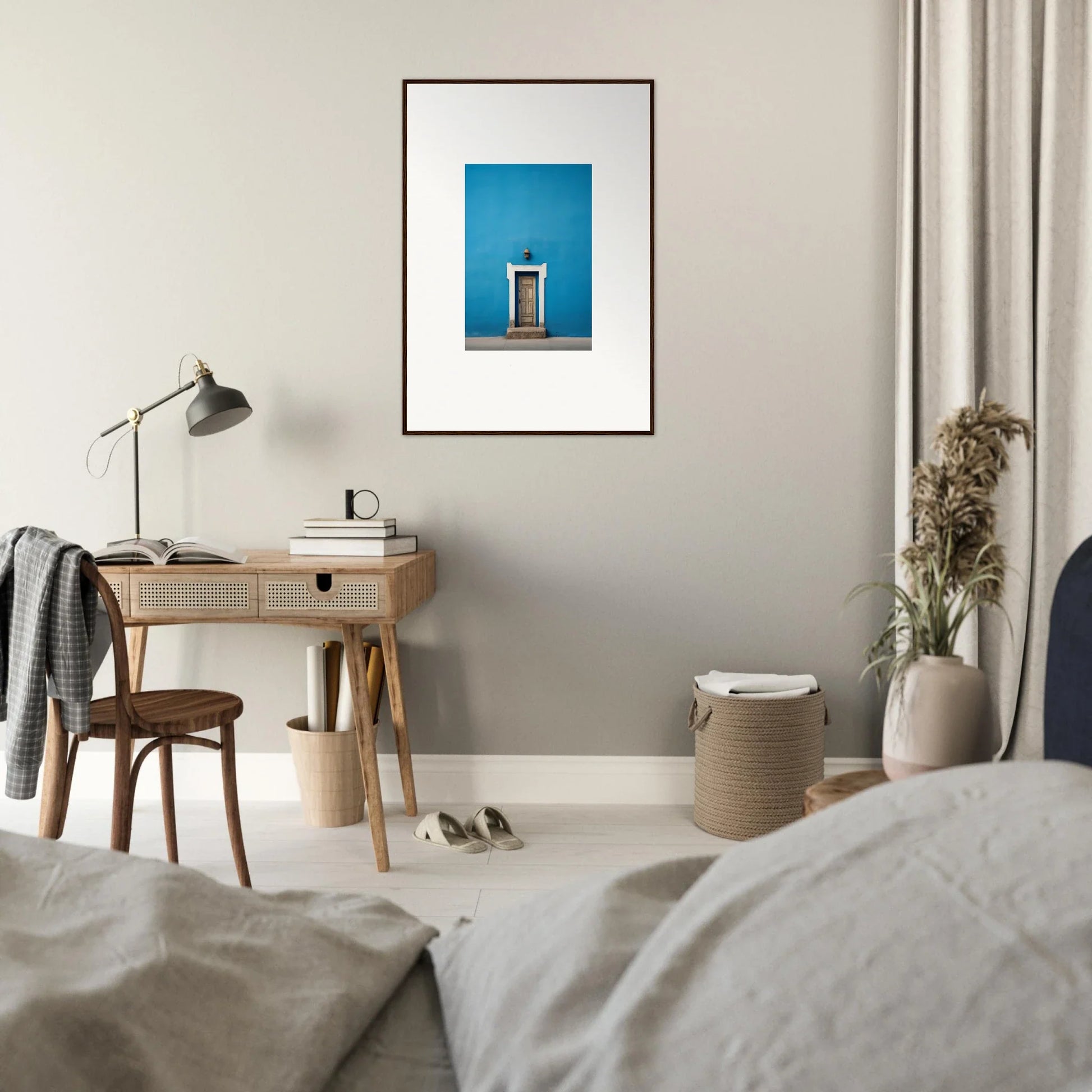 Framed blue artwork of a doorway on gray wall from Eternal Cerulean Cloister special edition art™