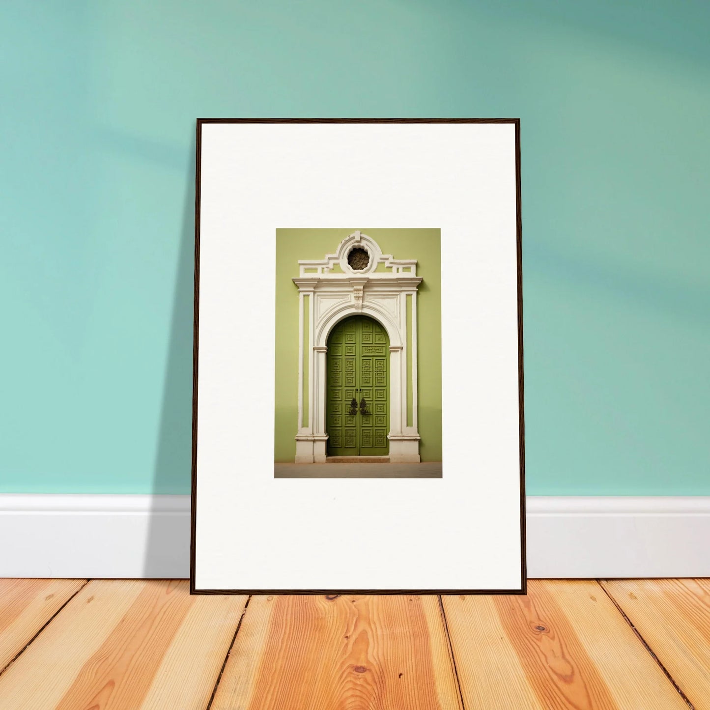 Framed photo of an ornate green door with stone arch, part of Verdant Sentry Whispers