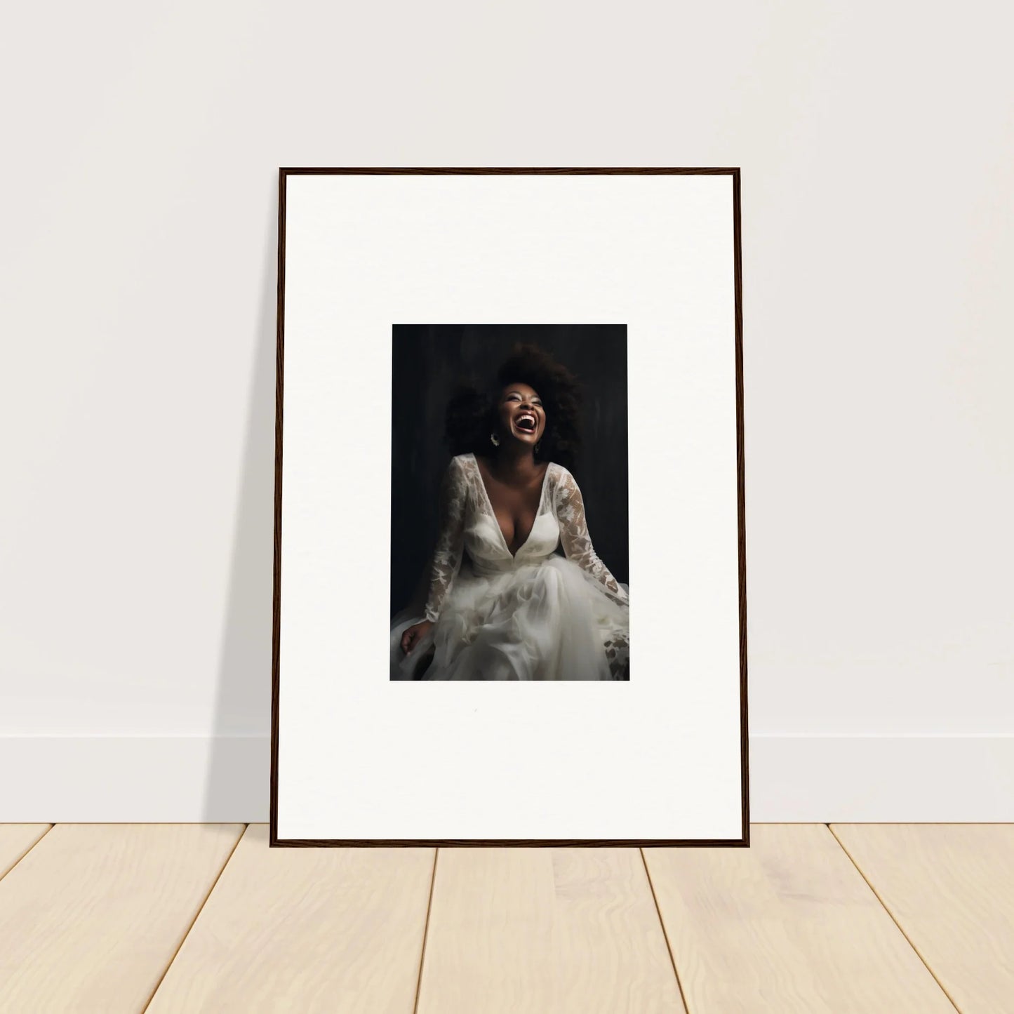 Framed black and white photo of a bride in a wedding dress, Timeless Essence Laughter art