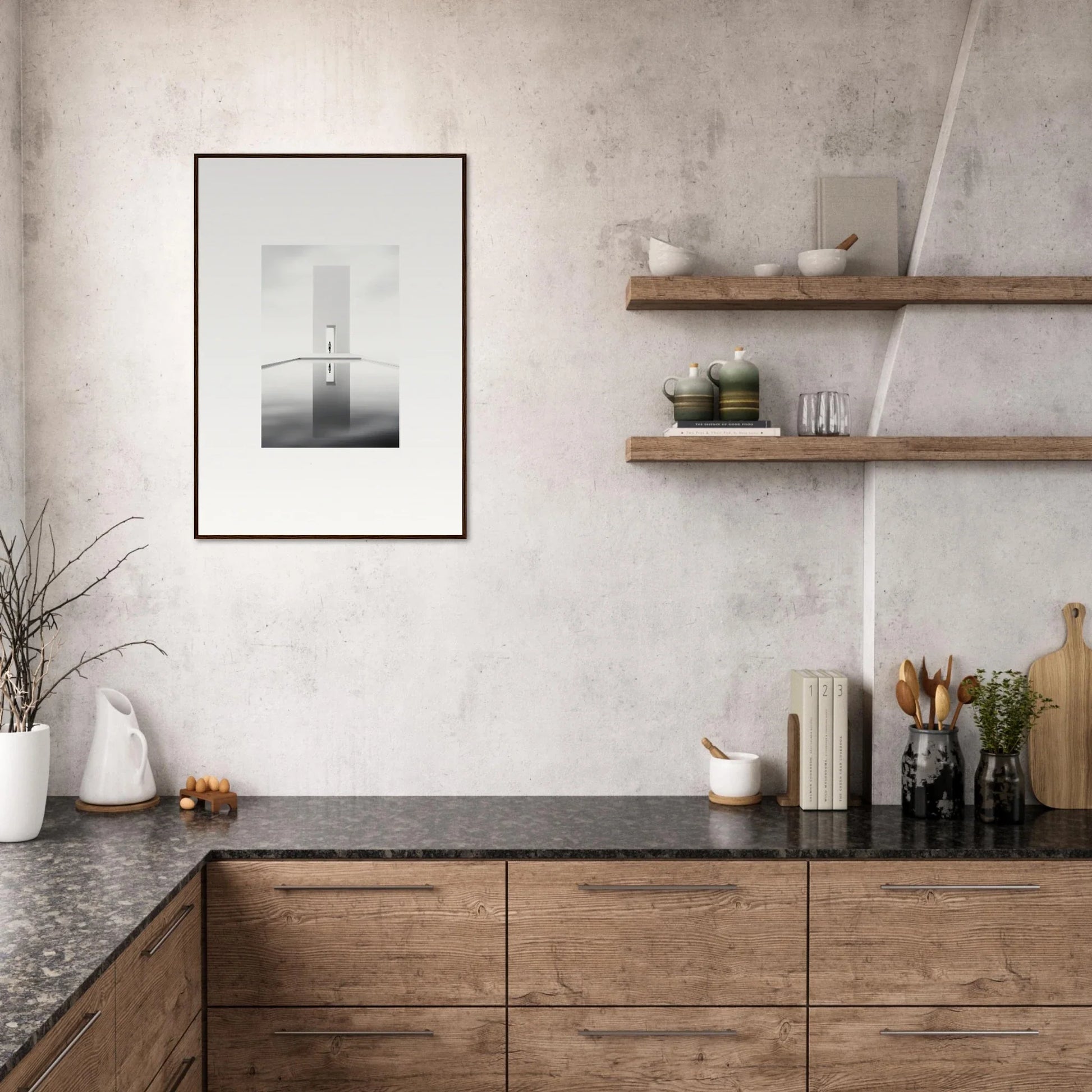 Modern kitchen with wooden cabinets and dark stone, featuring Dreamer’s Vanishing Silhouette