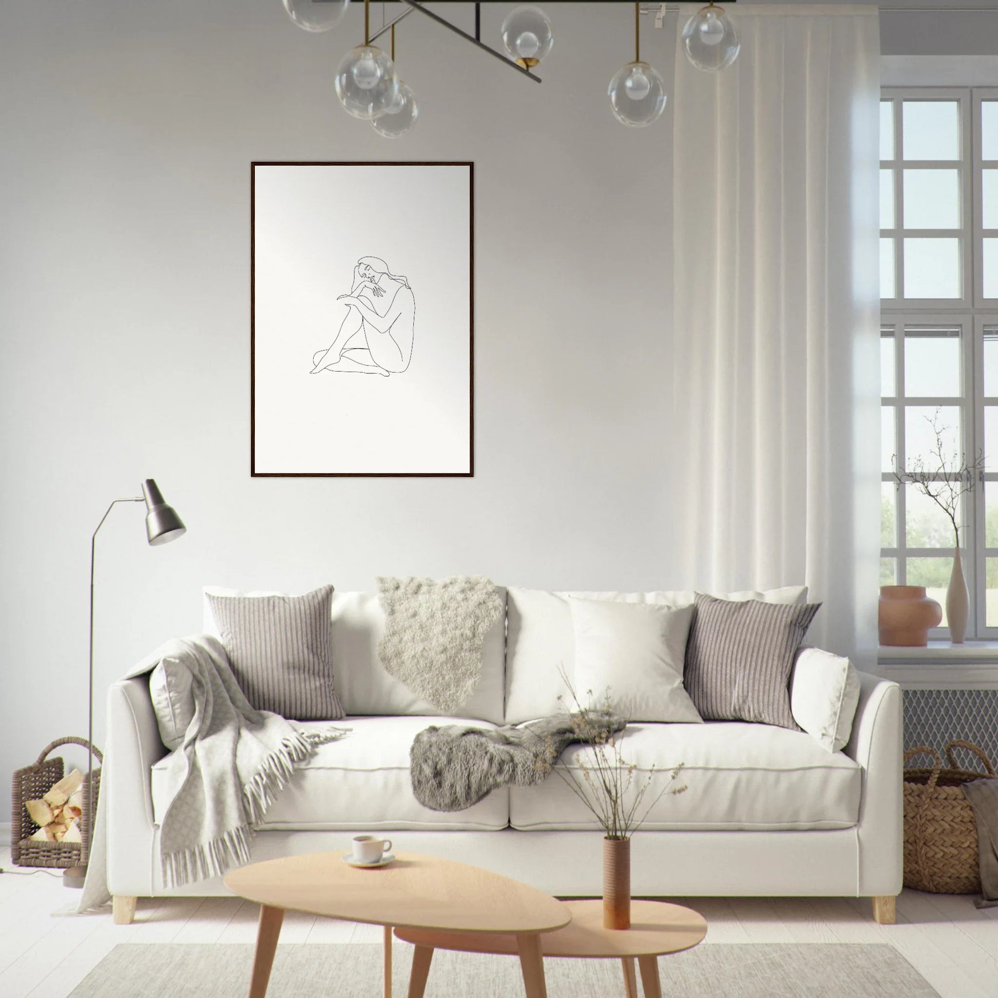 White sofa with gray and cream pillows showcasing Mindful Dream Tangles special edition art