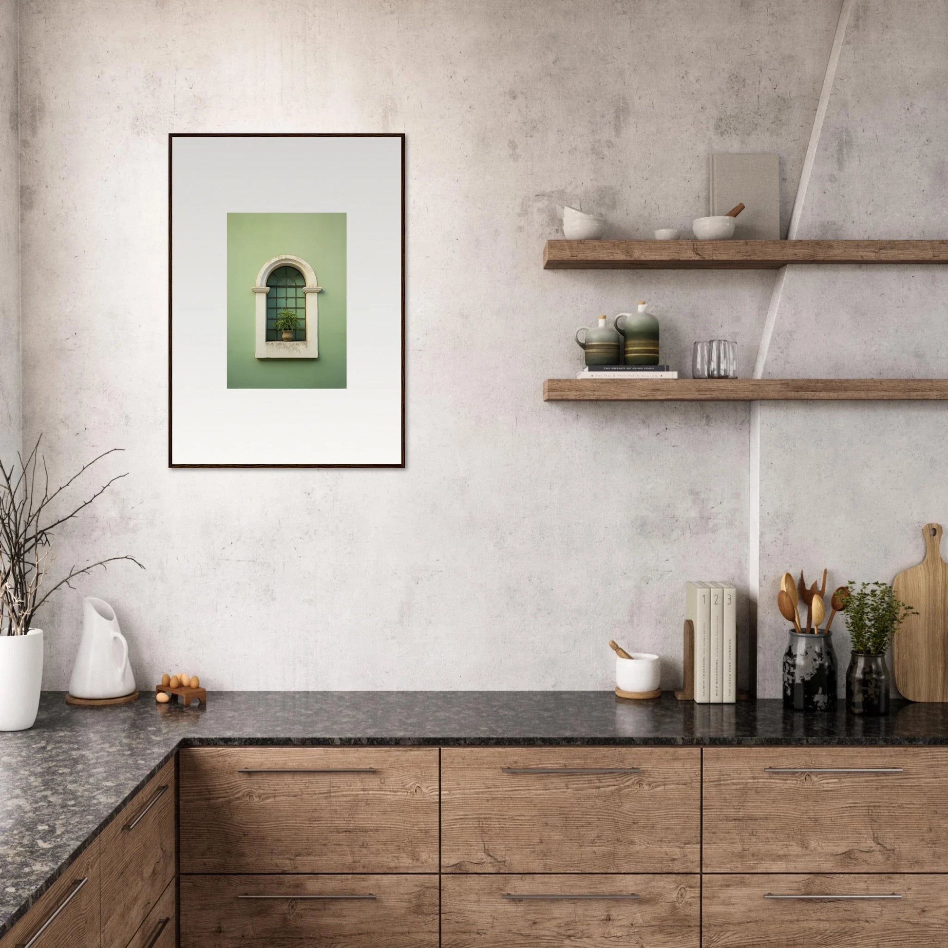 Modern kitchen with wooden cabinets and dark stone tops, featuring Eggshell PandæmonIA Bliss art