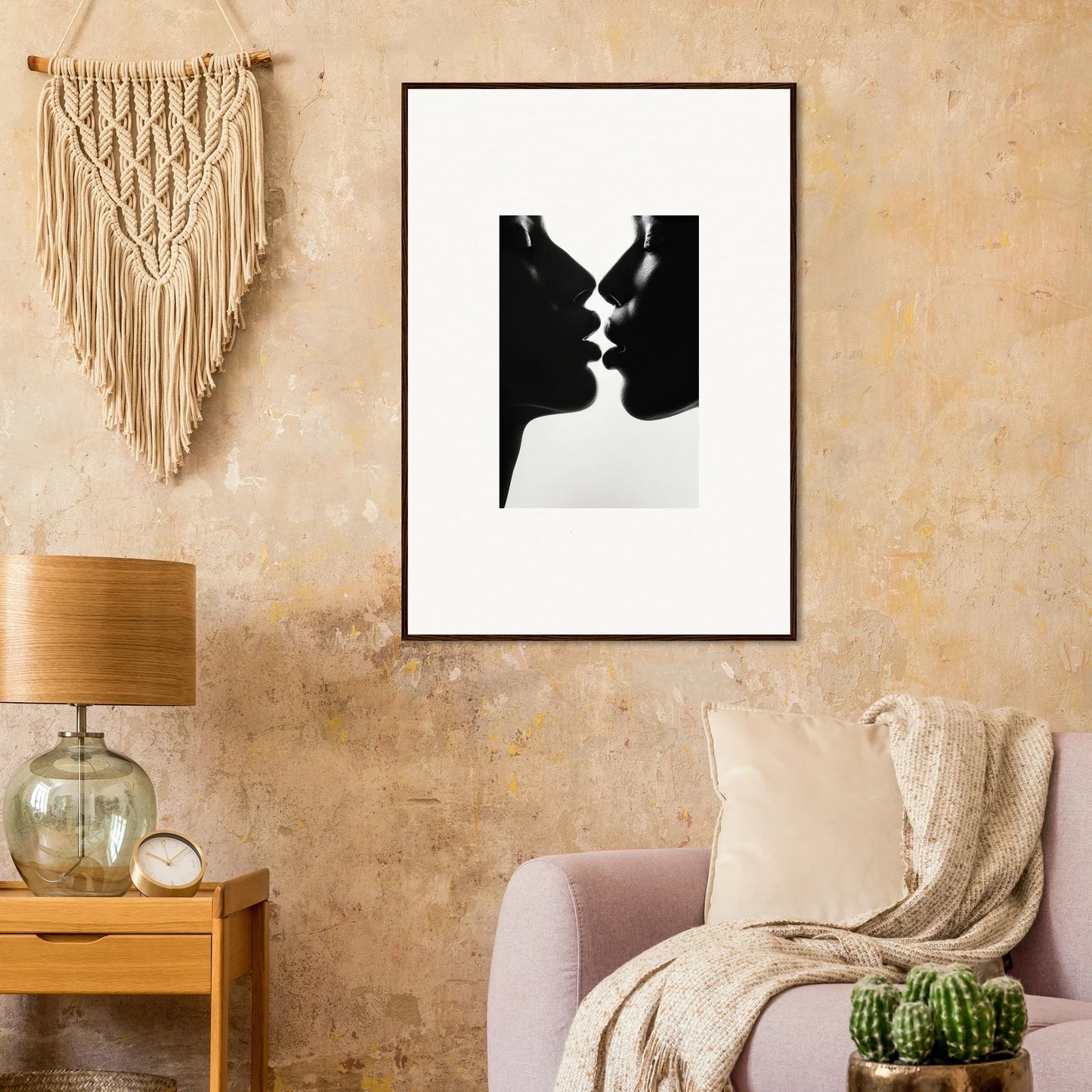 Black and white silhouette art of two profiles kissing, perfect for Luminous Midnight Kiss decor