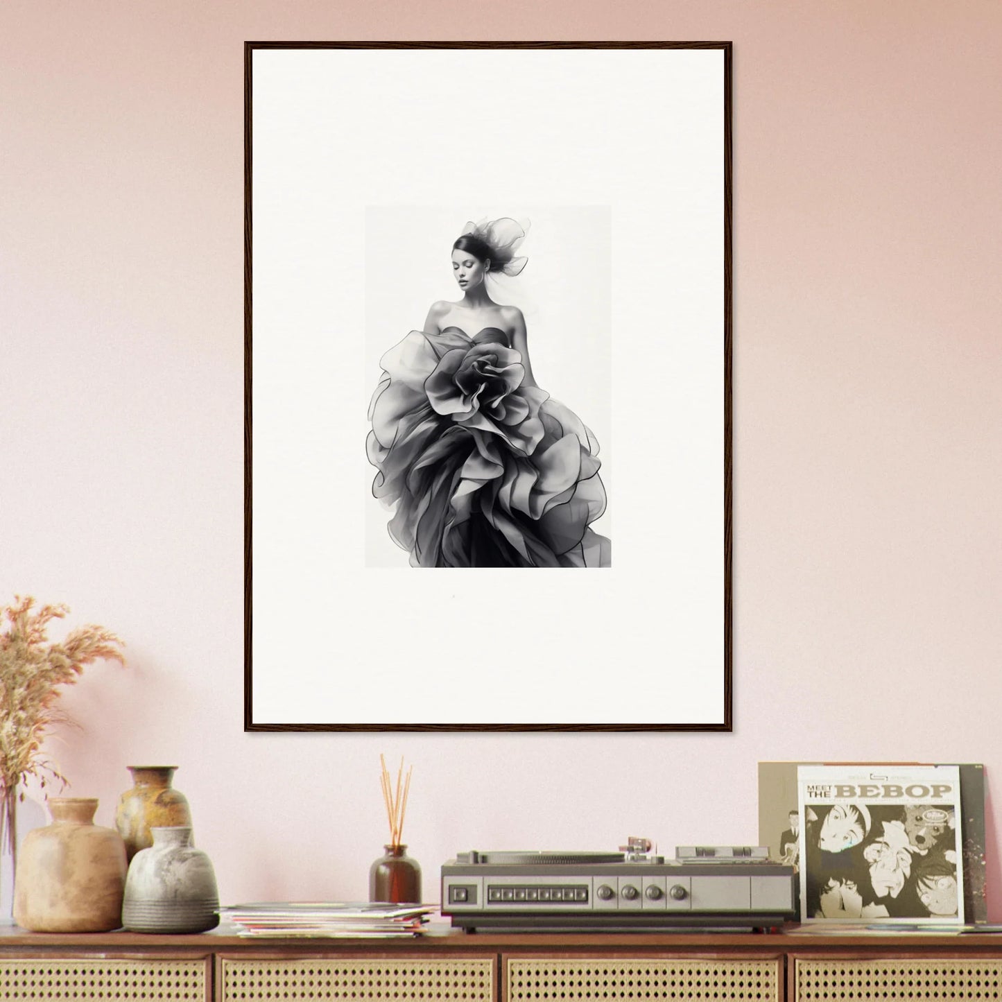 Framed black and white artwork of a figure in a dress from Ephemeral Orchard Whispers