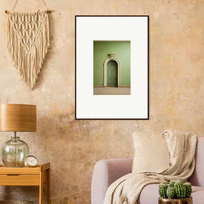 Framed wall art of an arched doorway on a mint green wall in Verdant Illusion Sphere