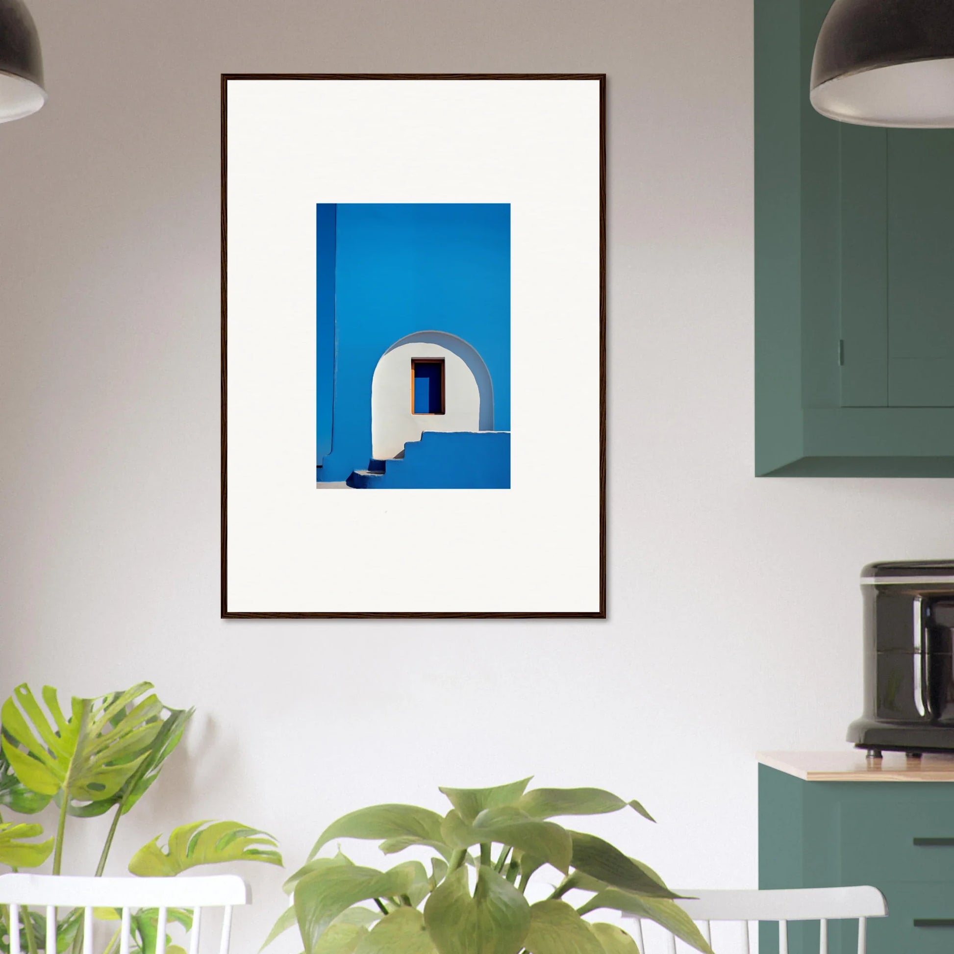 Framed wall art featuring bright blue Mediterranean architecture from Dreams’ premium framed collection