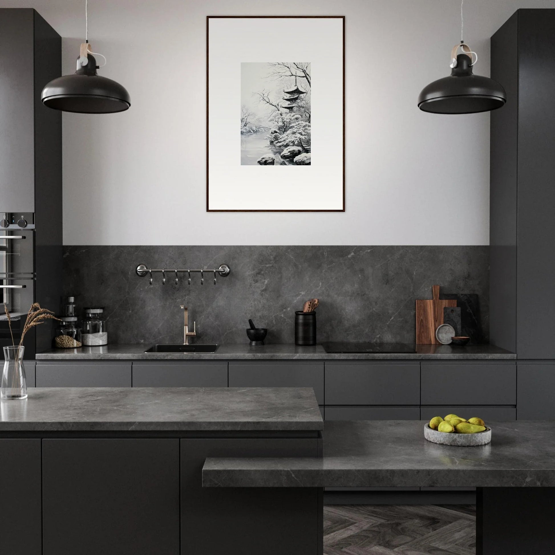 Modern dark grey kitchen with black pendant lights and Twilight Rebirth Narrative art