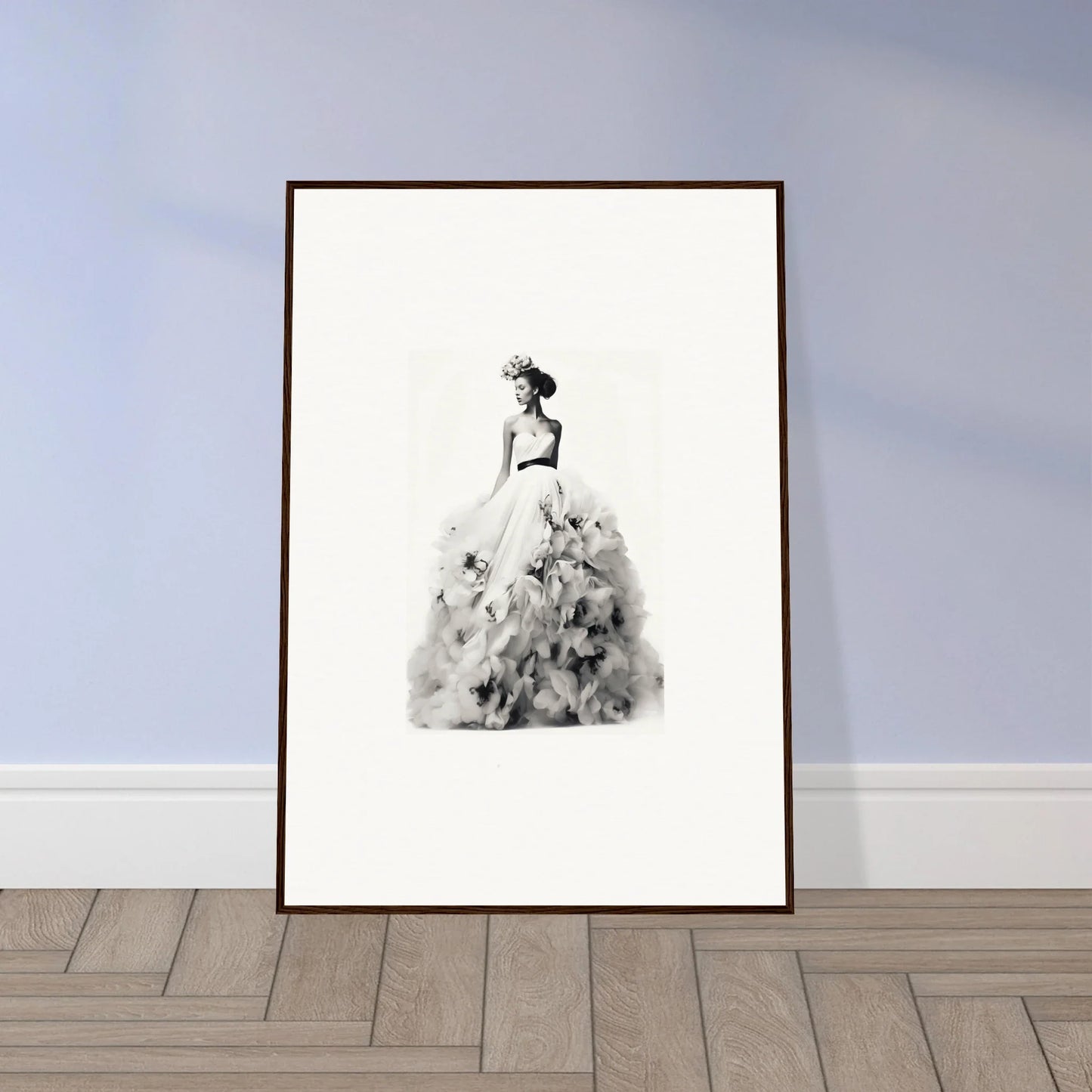 Black and white watercolor figure in ball gown from Dreams Bloom Eternal framed wall art