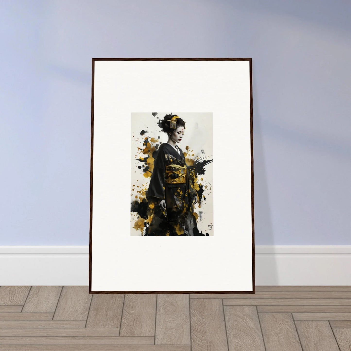 Framed artistic print of a geisha in black and gold watercolor for premium wall decor