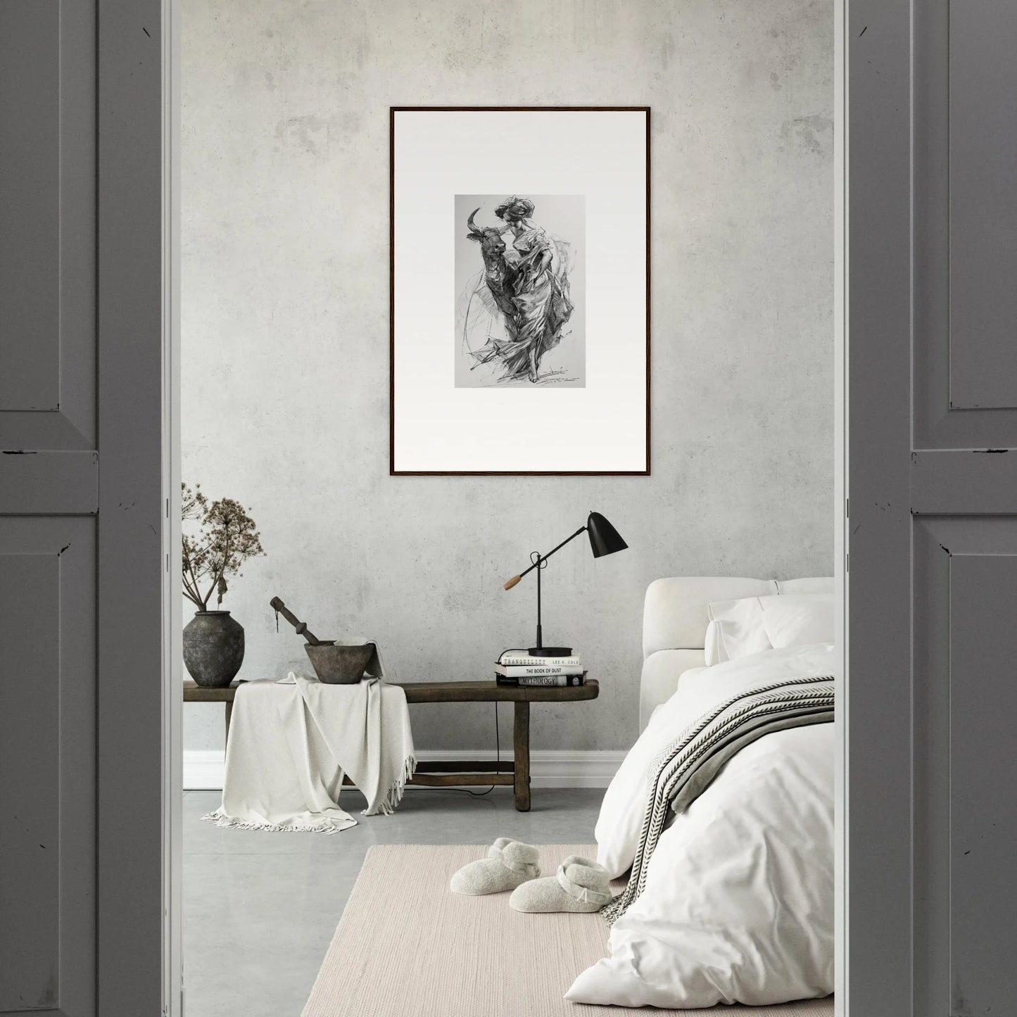 Framed black and white sketch artwork of Ebullient Abstract Liaisons on light gray wall