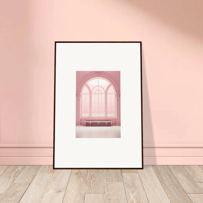 Framed wall art of Solitude’s Rosy Asana with a pink arched window and bench