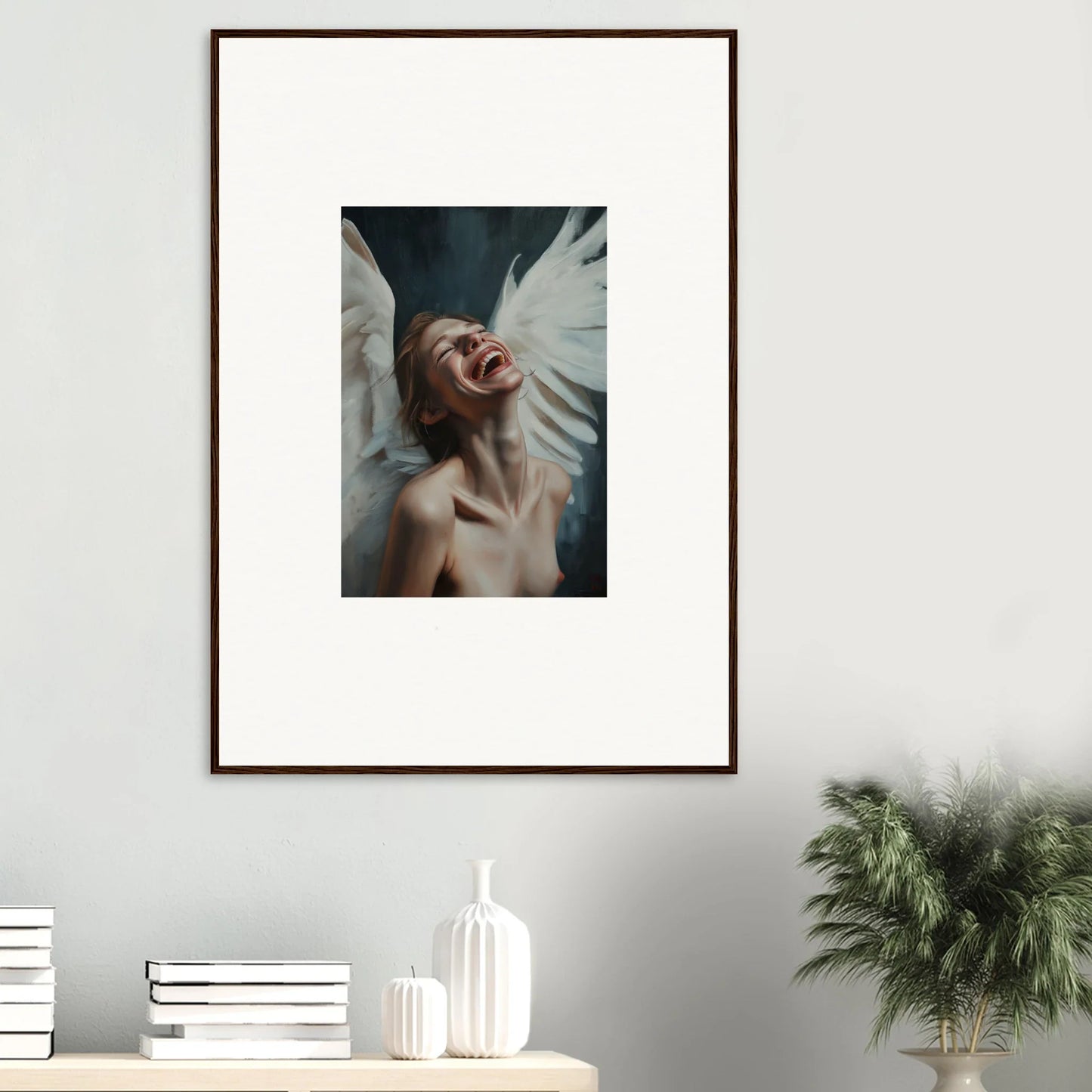 Framed canvas print of Seraphic Euphoria, a person with white wings for unique room decoration