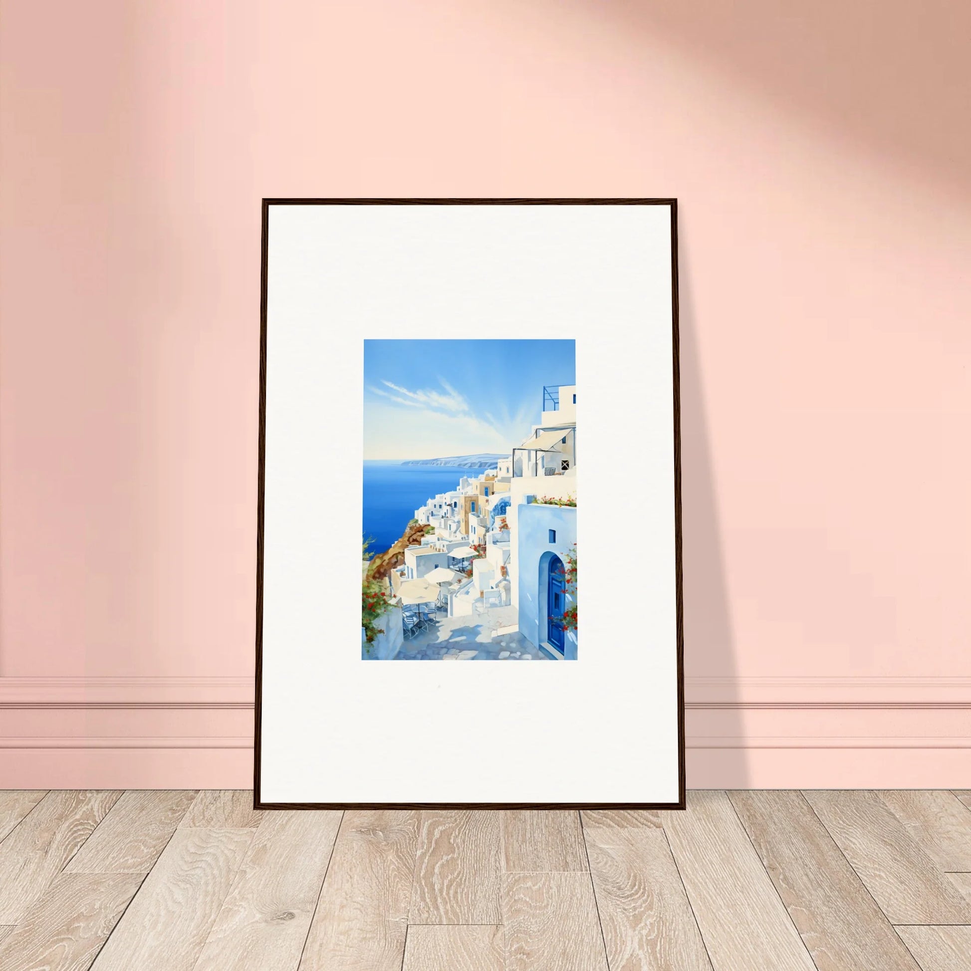 Framed photograph of Santorini’s white buildings and blue domes for Mediterranean Serenity Remastered