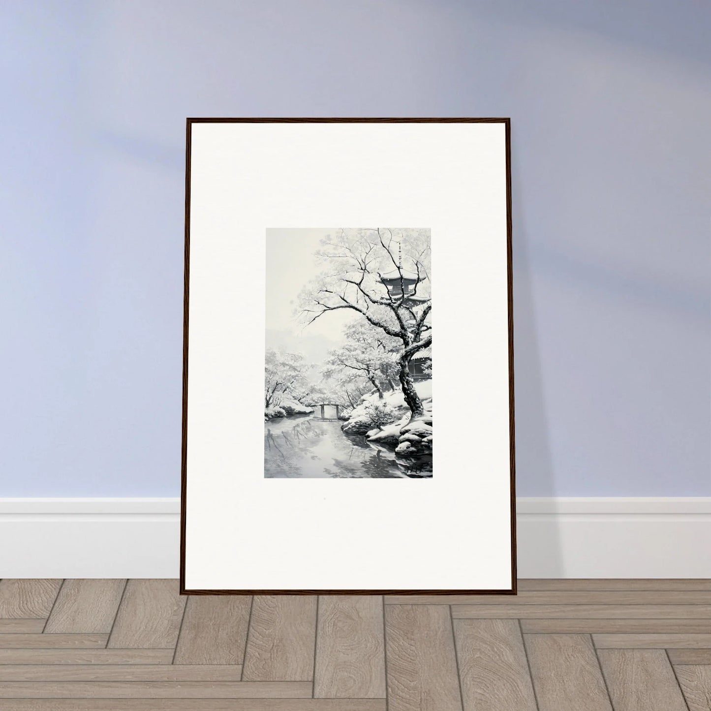 Framed black and white art of a winter tree by a snowy stream in Chilled Lunar Embrace