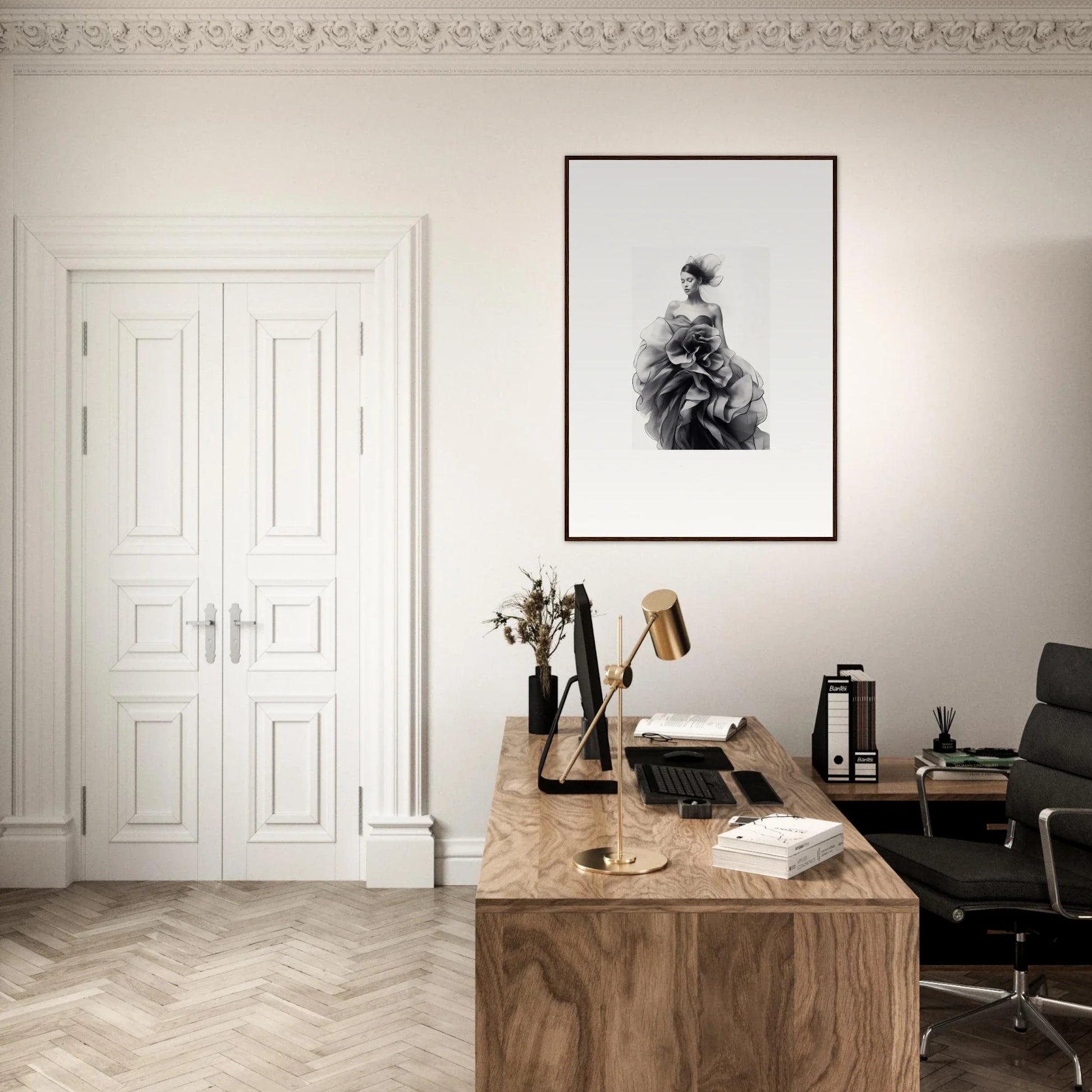 Elegant home office with wooden desk and minimalist decor in Ephemeral Orchard Whispers