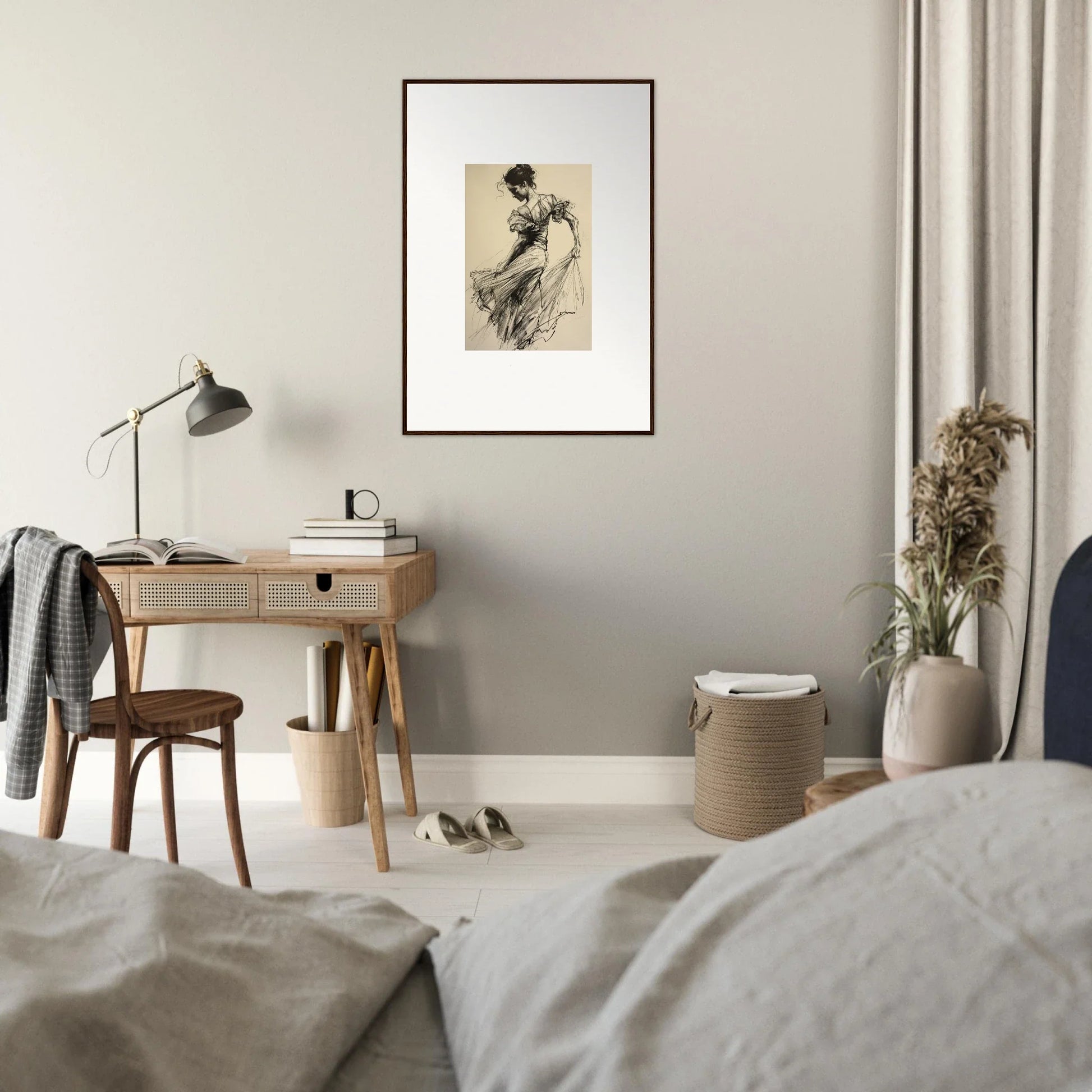 Minimalist wooden desk with lamp and framed wall art from Ethereal Pause Beneath