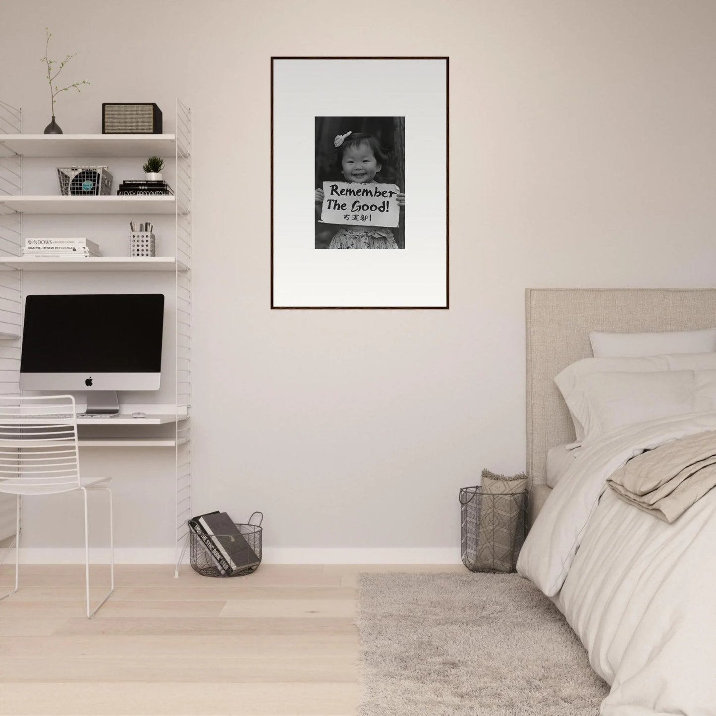 Minimalist bedroom featuring Innocent Memory Echoes art and sleek floating shelves