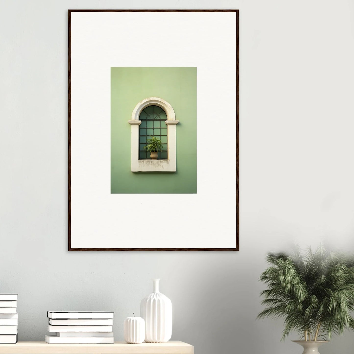 Framed wall art of an arched window with ironwork on mint green for Eggshell PandæmonIA Bliss