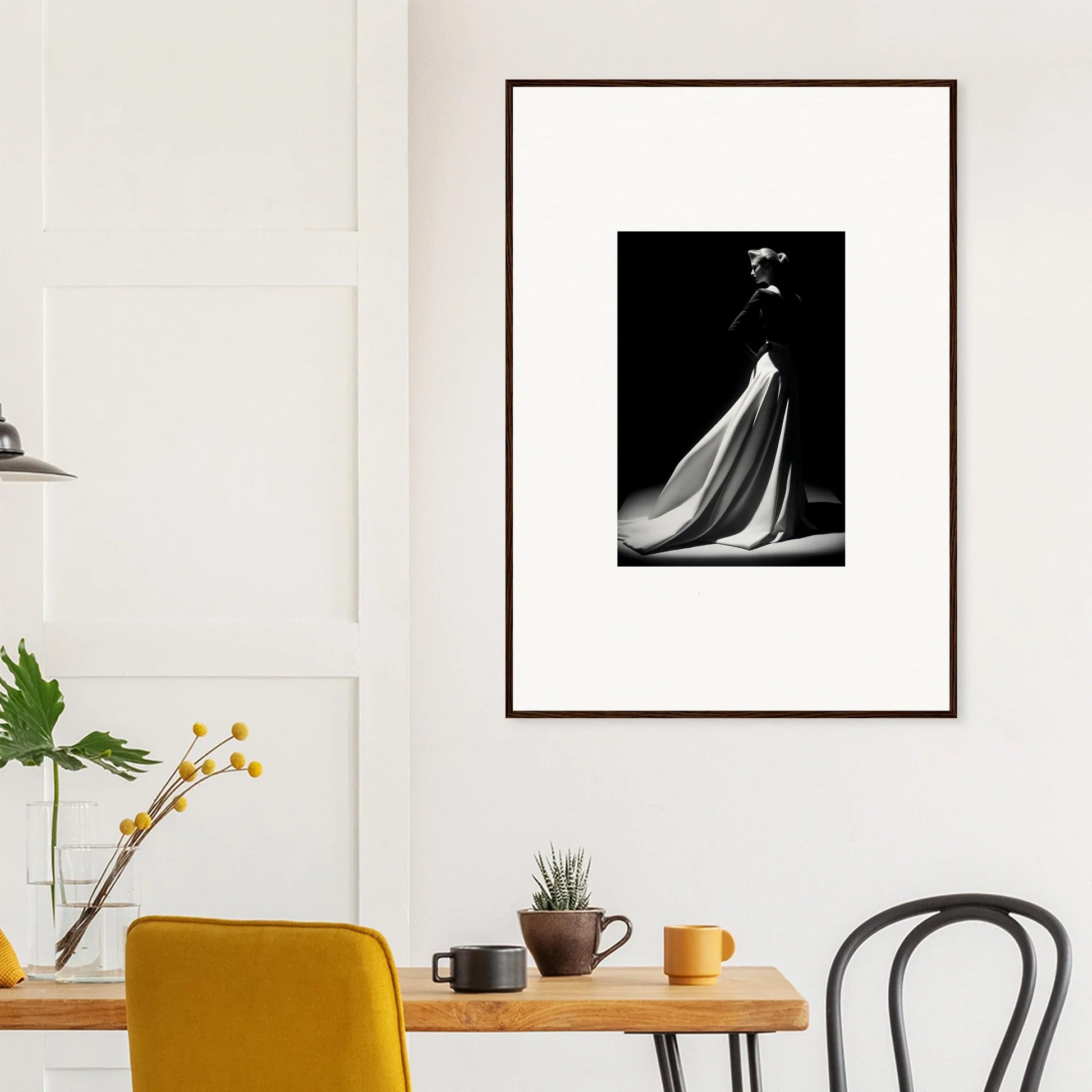 Framed black and white art of an evening gown from Veiled Monochrome Journey special edition