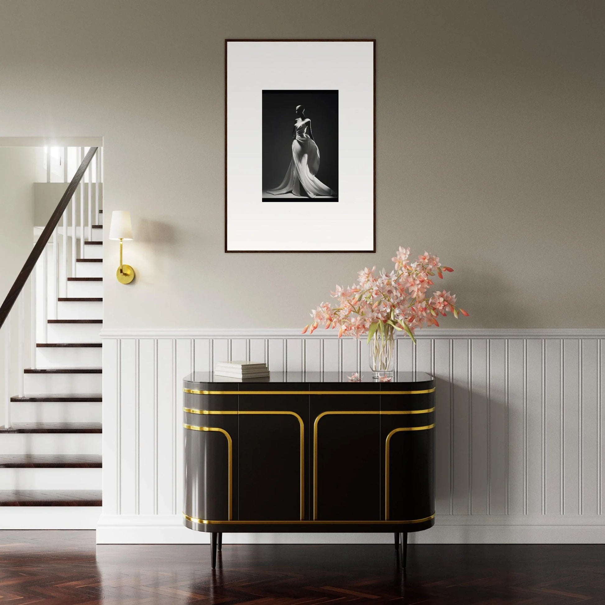 Stylish Black cabinet with gold trim from the Gossamer Ivory Whispers collection