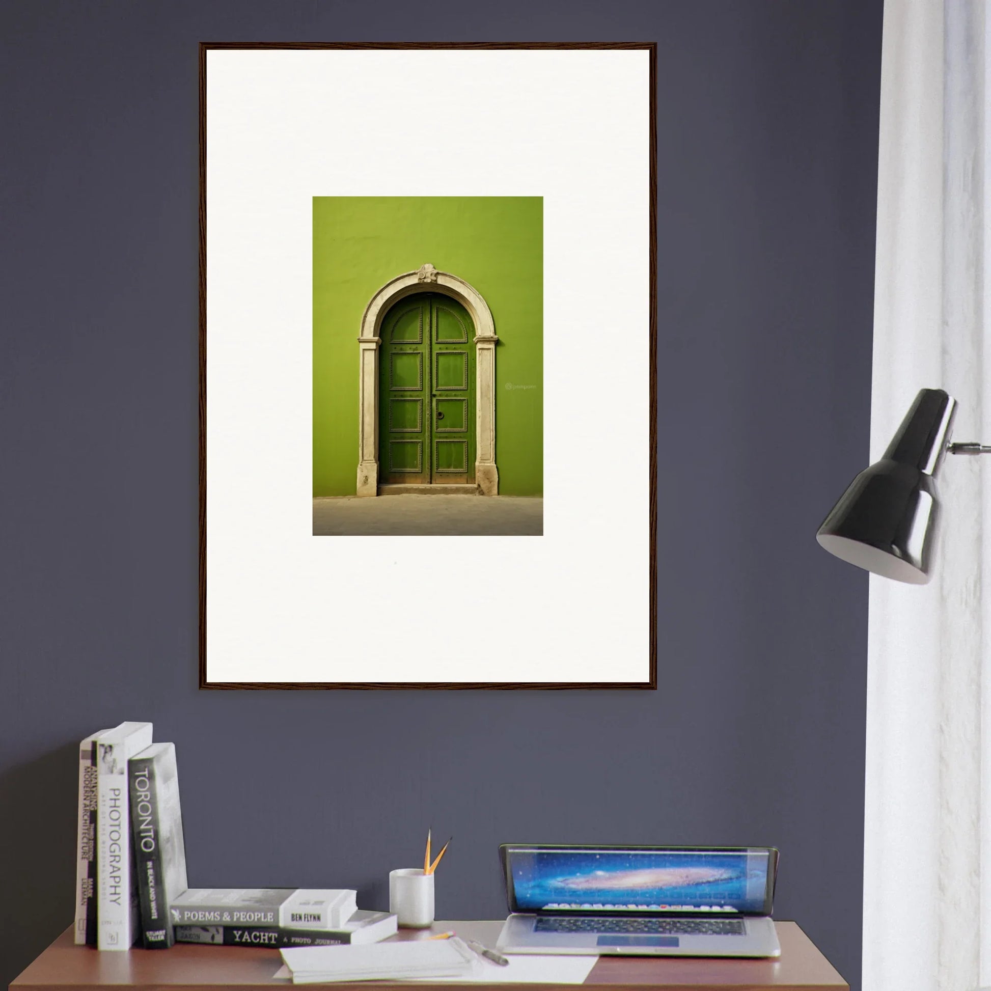 Framed art print of an arched green door with beige trim from Vert Barcode Reverie