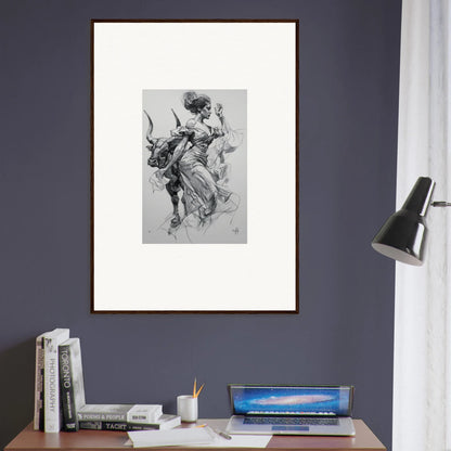 Framed black and white artwork of a figure riding a bull, Sirens Veil Matador special edition art