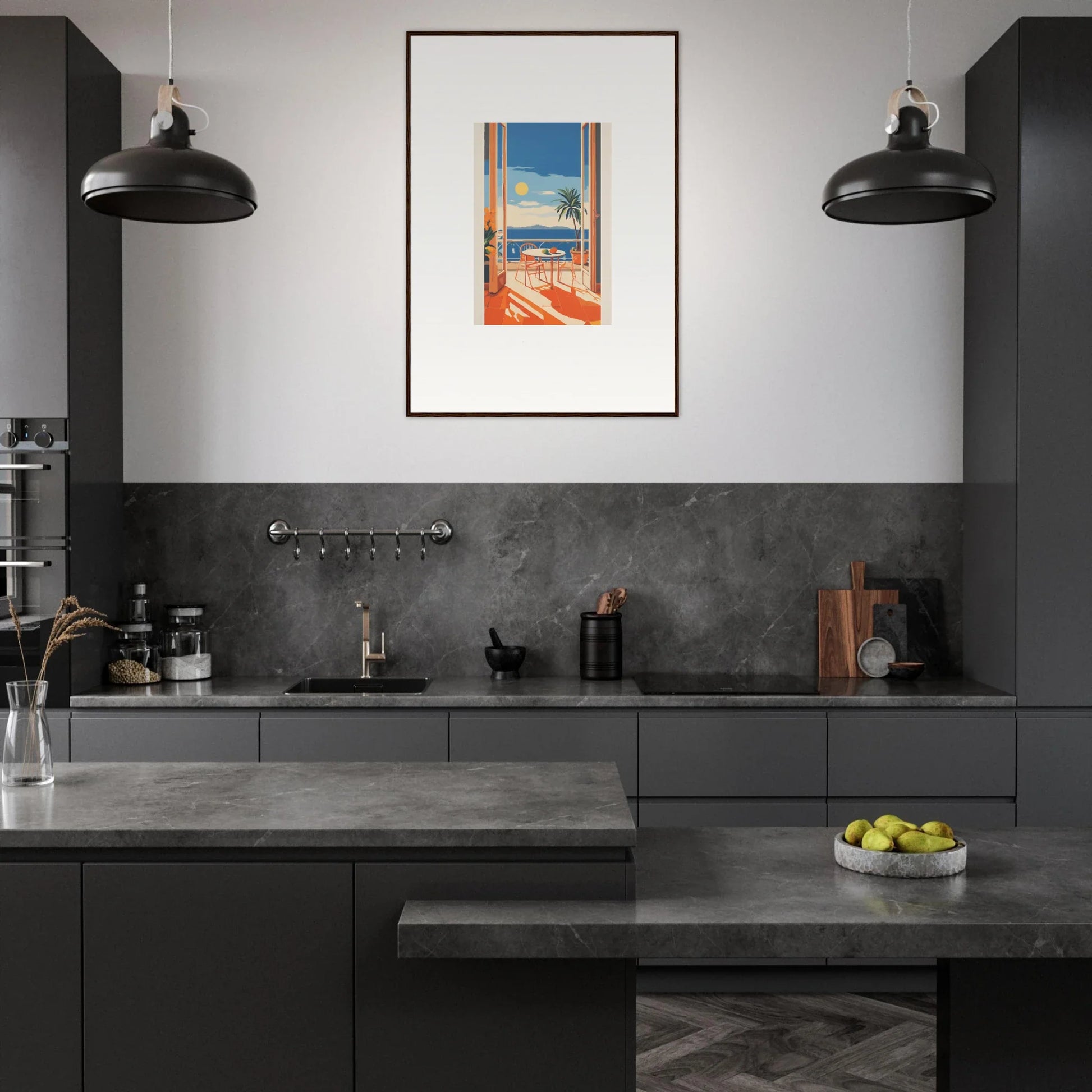 Modern dark kitchen with matte black cabinets and pendant lights for Tranquil Mirage Brunch