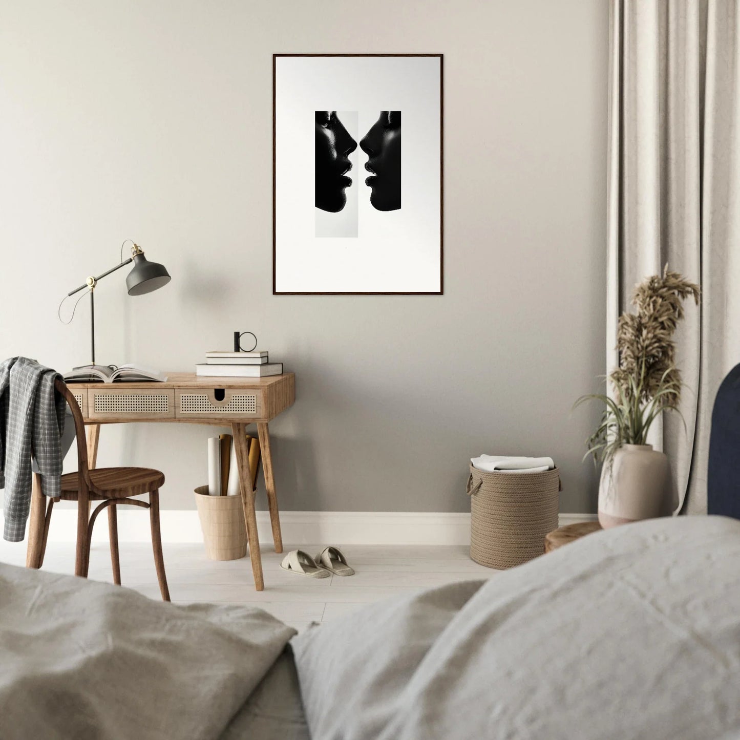 Black and white optical illusion art of faces as a vase in Liminal Echoes framed poster