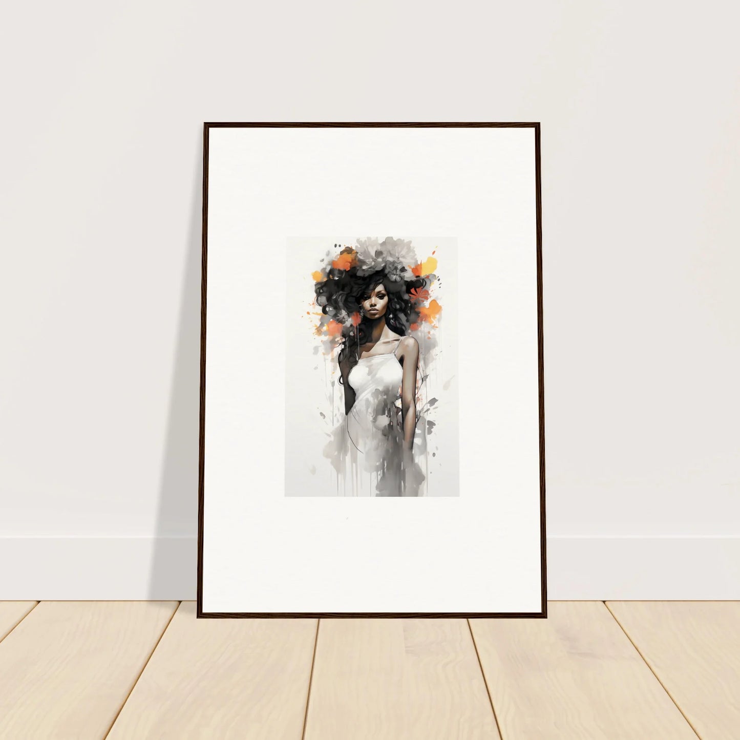 Framed watercolor art of an ethereal figure in Ethereal Echoes Blossoms design