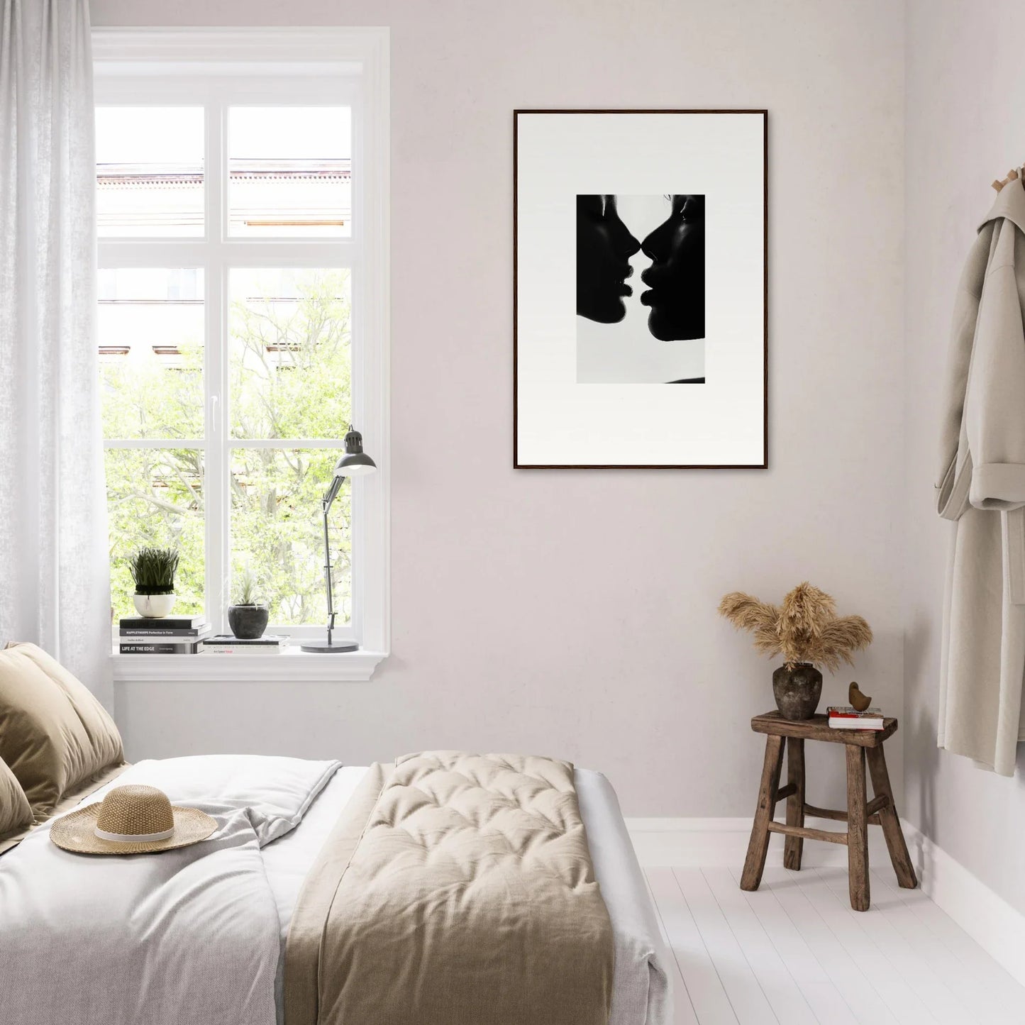 Minimalist black and white bedroom with natural light from Nights Echoes framed art