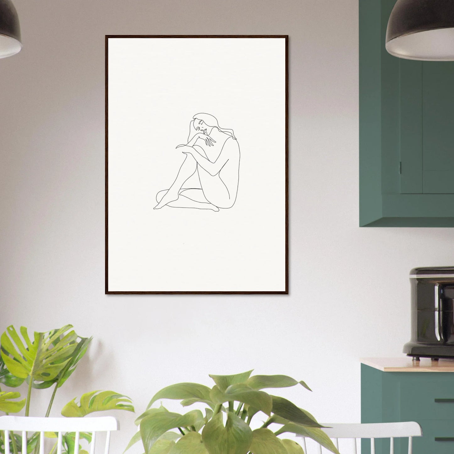 Minimalist line drawing of a seated figure in mindful dream tangles framed wall art