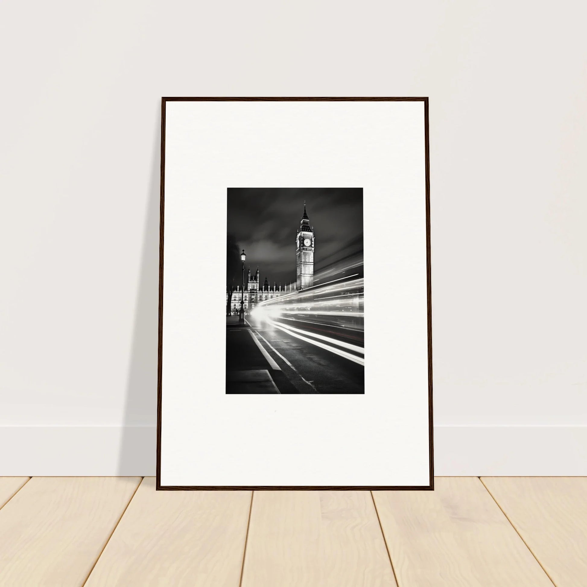 Framed black and white photograph of Big Ben with light trails in a special edition art™ style