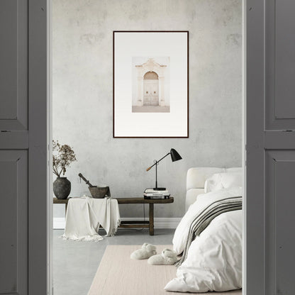 Minimalist bedroom featuring Faded Elegance Whispers framed wall art in neutral tones