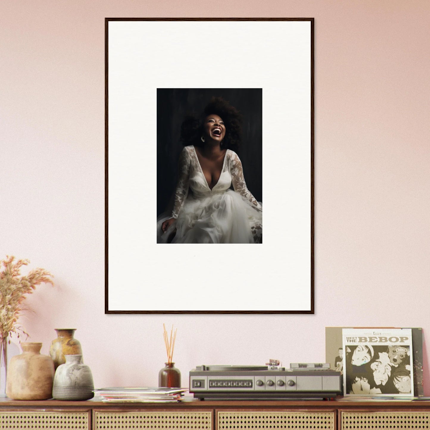 Framed black and white portrait in a dark frame from Timeless Essence Laughter collection