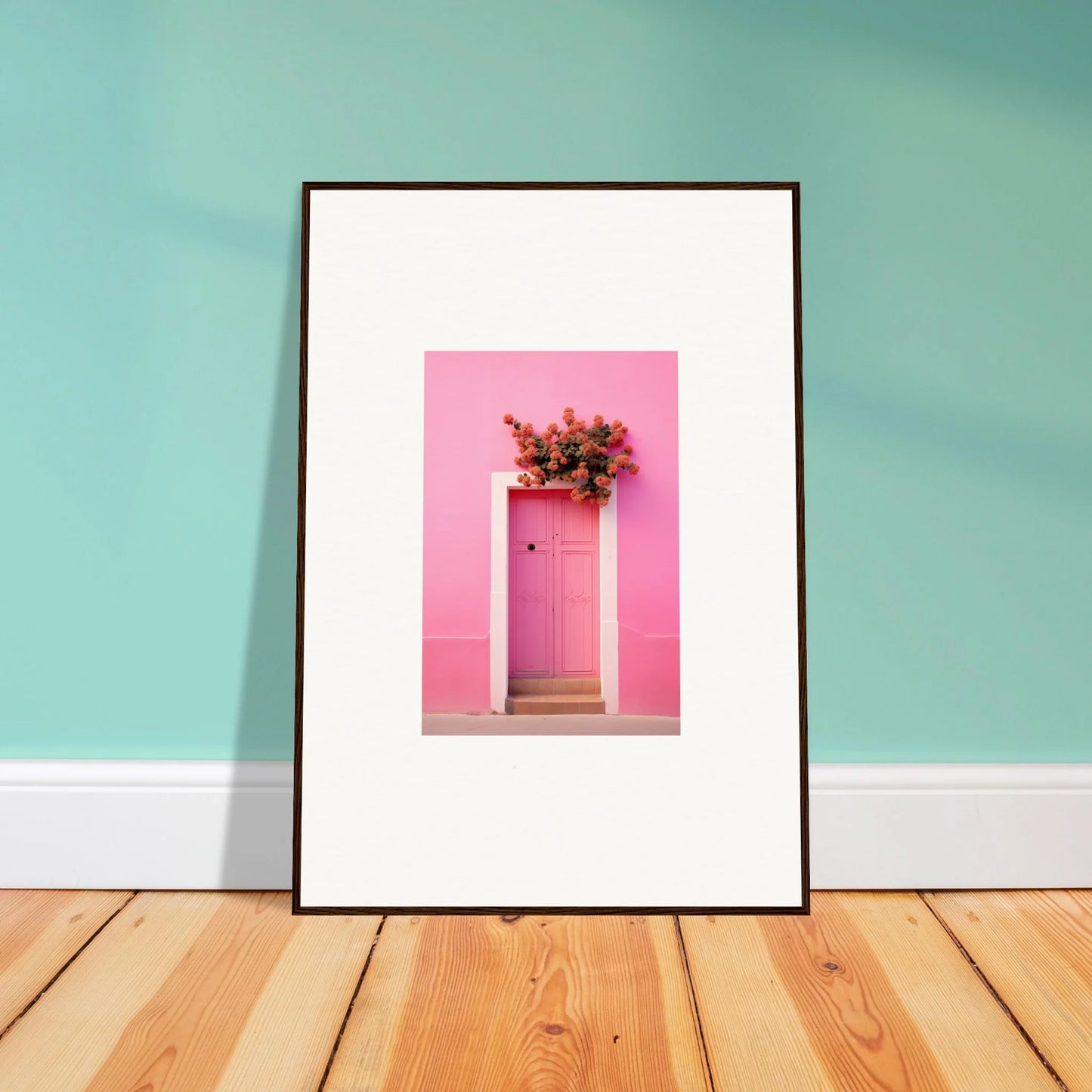 Framed wall art of a bright pink door with flowers, part of Quantum Pink Serenade