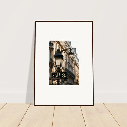 Framed canvas print of a Parisian street sign and lamp post for trendy room decoration