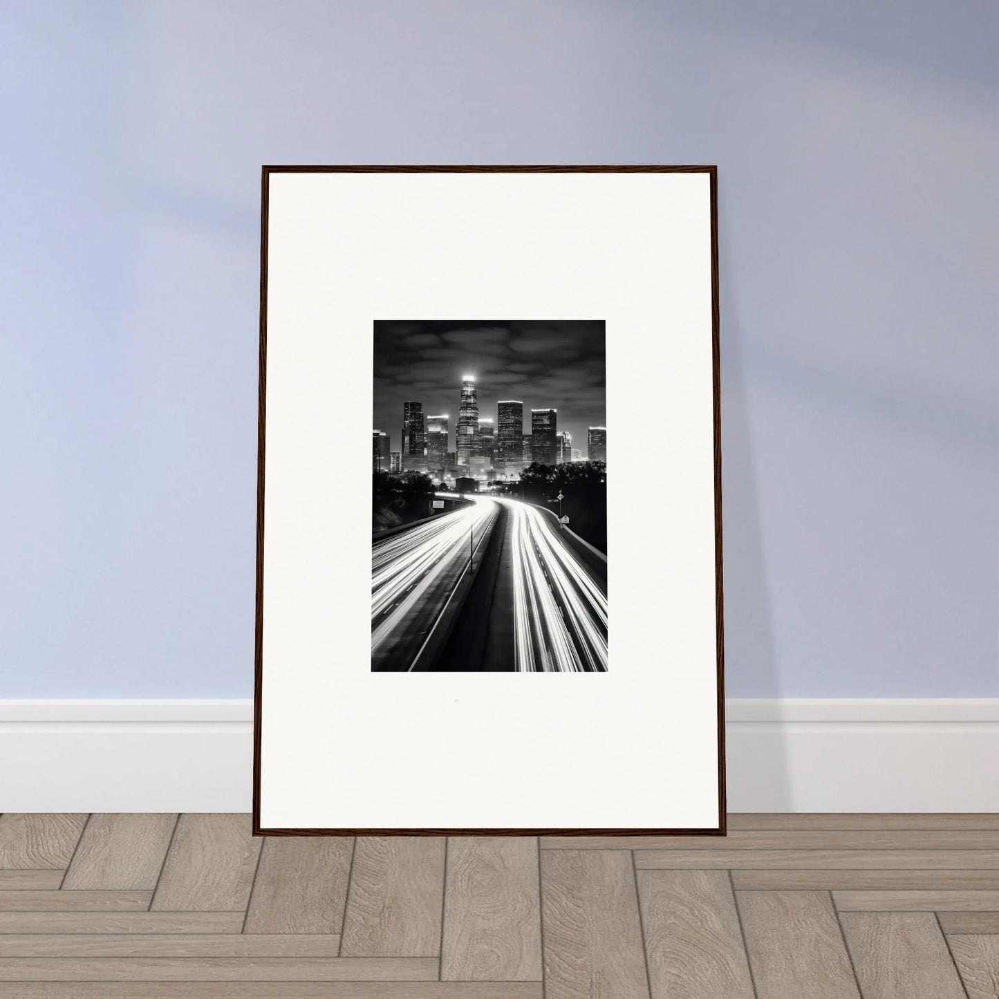 Framed wall art of a cityscape with traffic light trails in a special edition art™ style