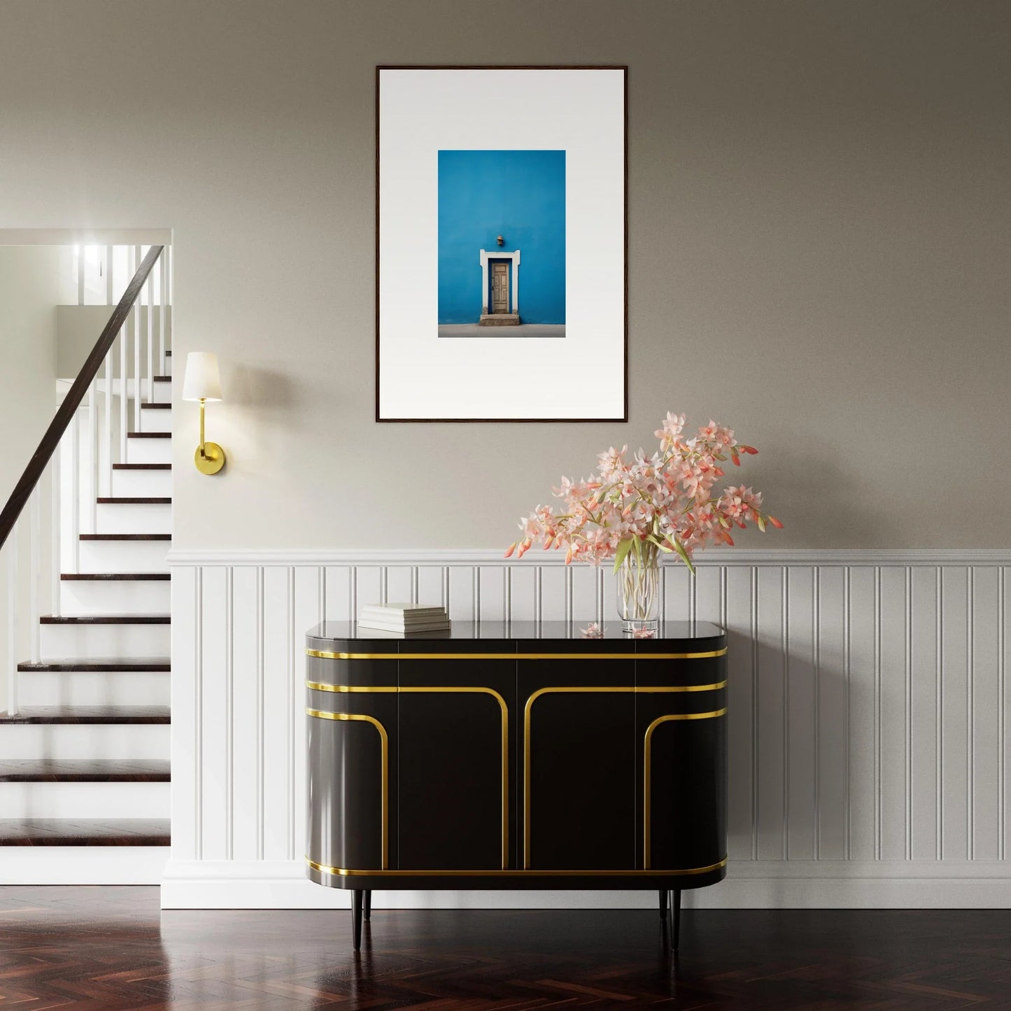 Art Deco black cabinet with gold trim in the Eternal Cerulean Cloister collection